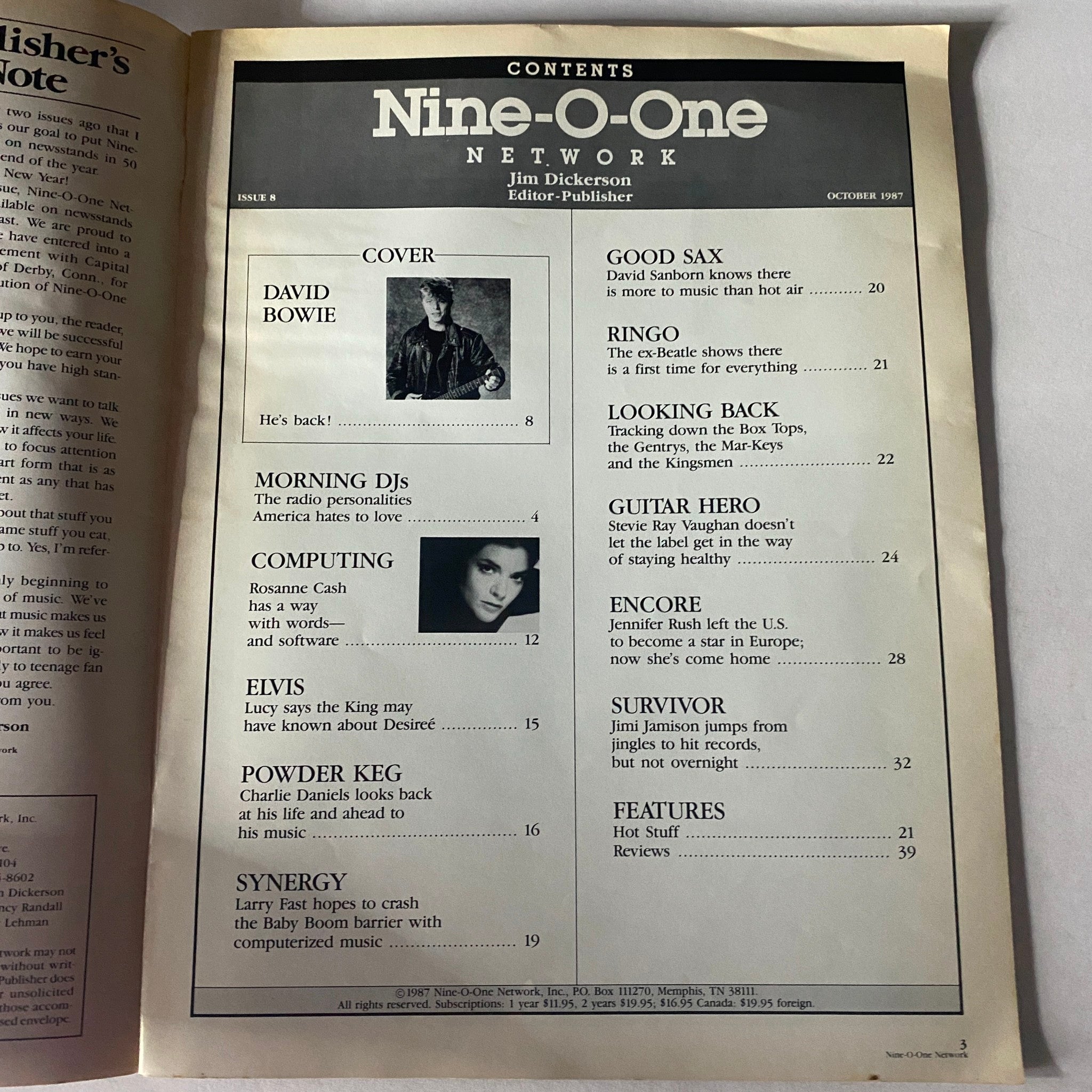 Table of contents of the Nine-O-One Network Magazine October 1987, featuring David Bowie on the cover and articles about music and culture.