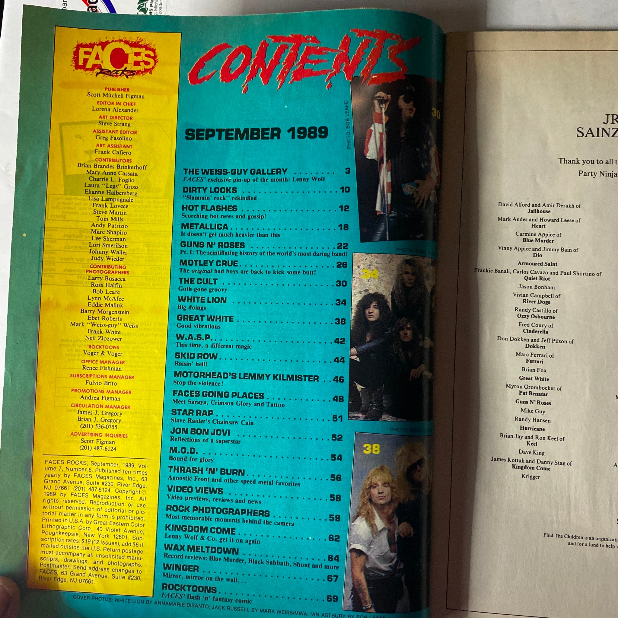 Table of contents page from the VTG Faces Rocks Magazine September 1989, outlining articles on bands such as Guns N' Roses, Metallica, and White Lion.