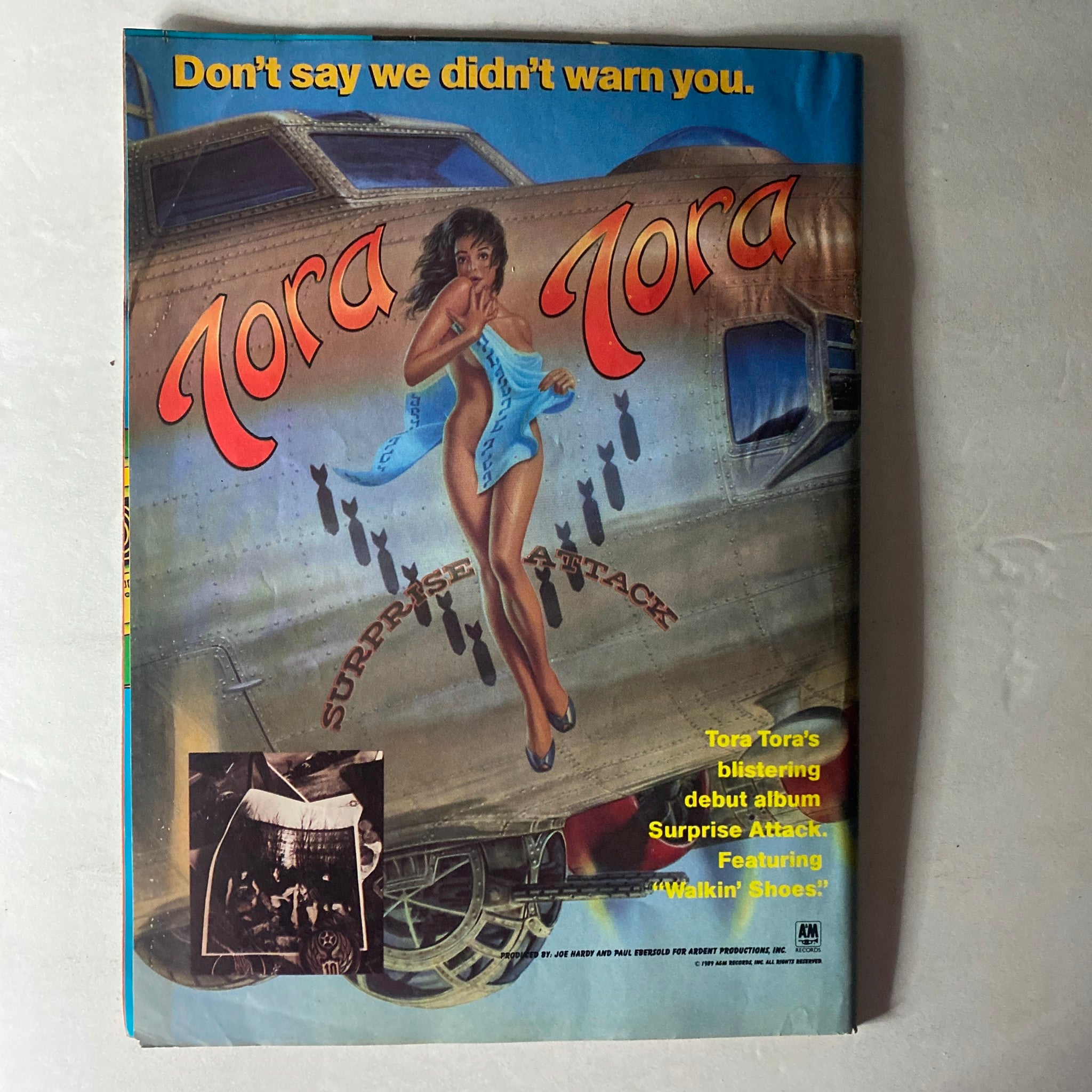 Back cover of the VTG Faces Rocks Magazine September 1989 featuring a promotional ad for Tora Tora's debut album 'Surprise Attack'.