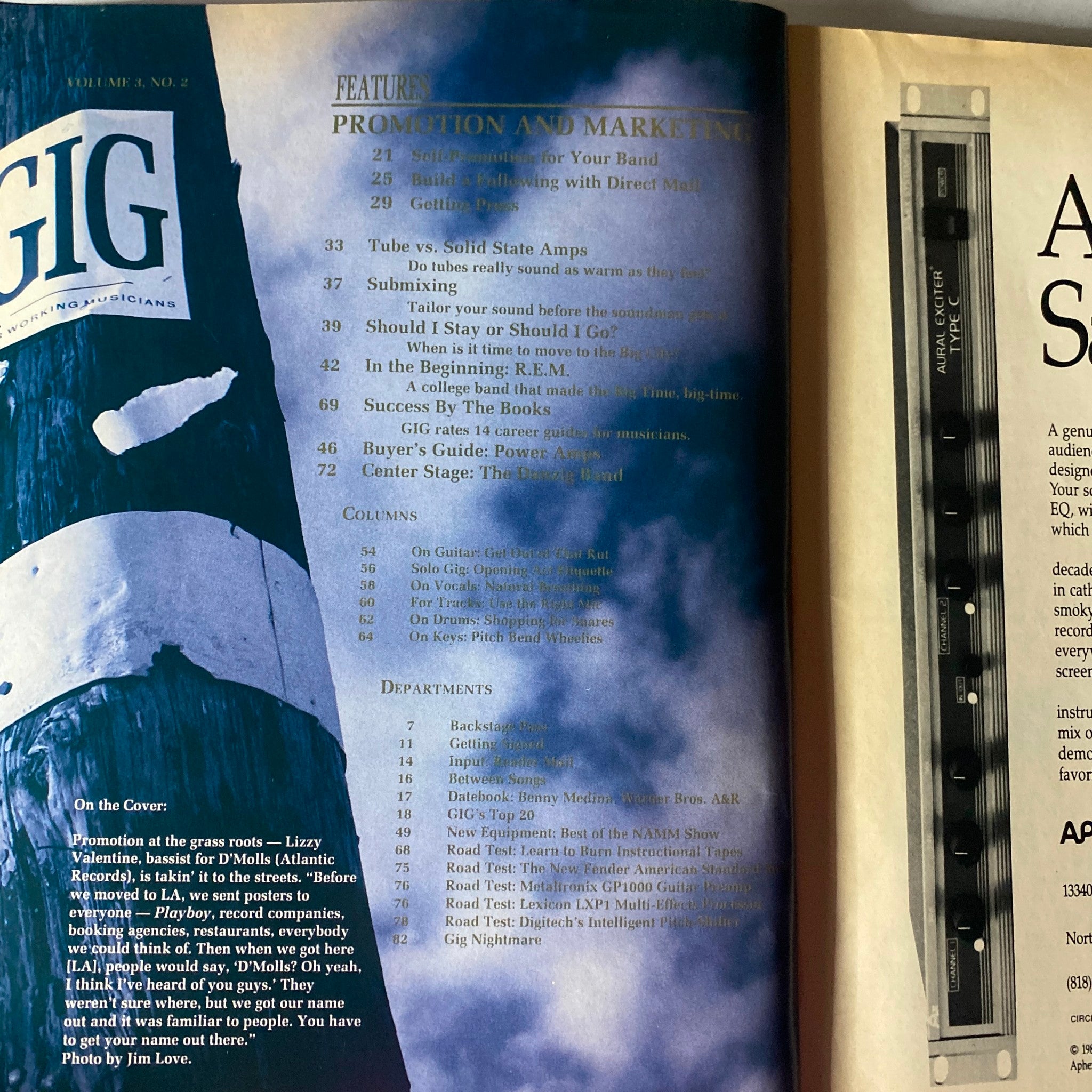 Inside spread of the April 1989 Working Musician magazine, showcasing contents related to promotion and marketing strategies for musicians and featuring a column about R.E.M.