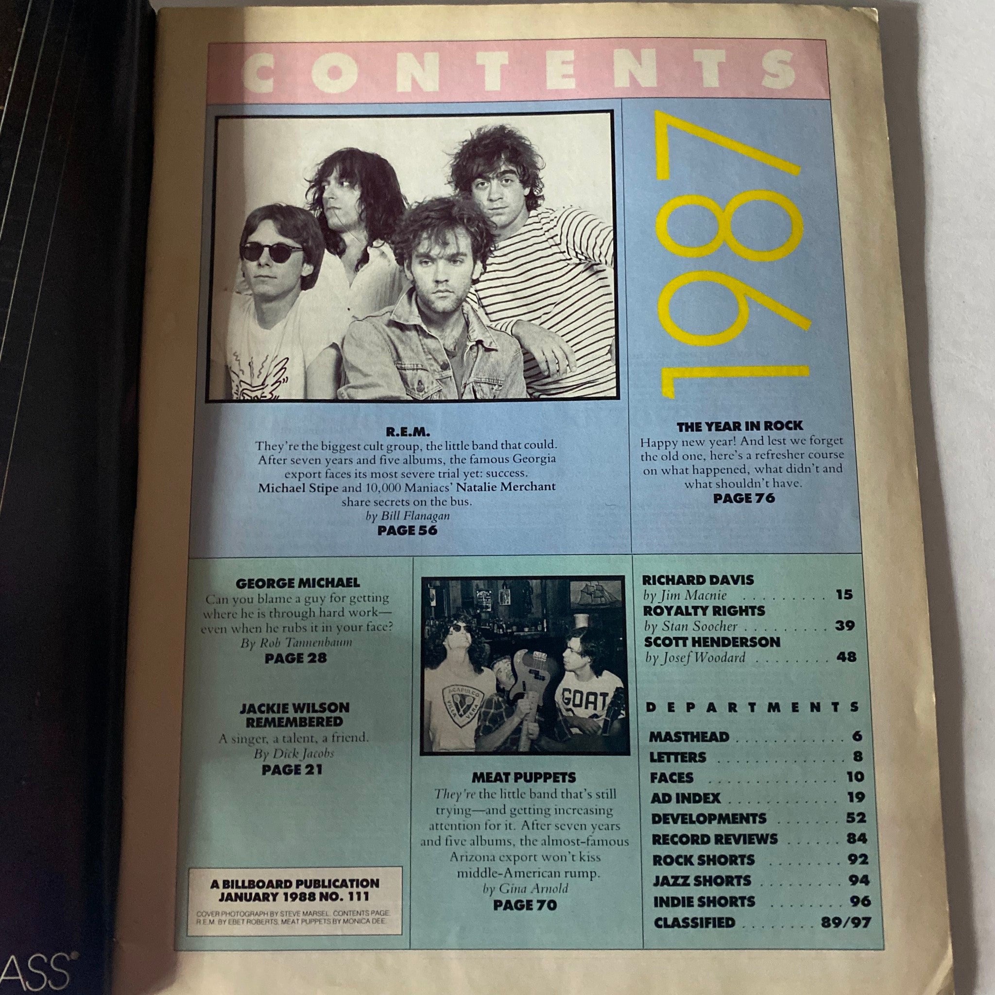 Contents page of the VTG Musician Magazine January 1988 No. 111 featuring R.E.M. with Bill Flanagan's article on the band, along with additional content highlights.