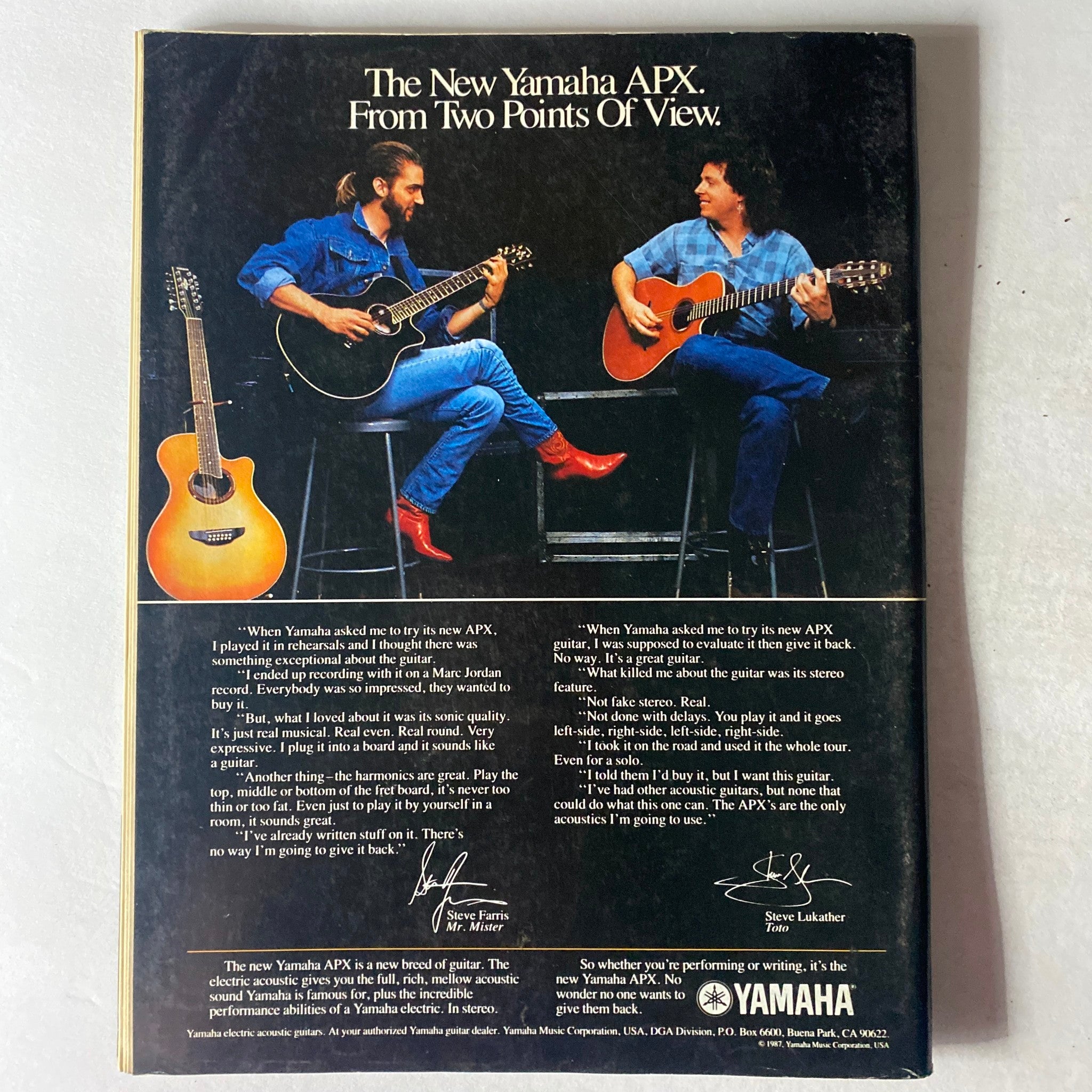 Back cover of the VTG Musician Magazine January 1988 No. 111 showcasing an advertisement for the Yamaha APX guitar featuring Steve Lukather and Steve Farris.
