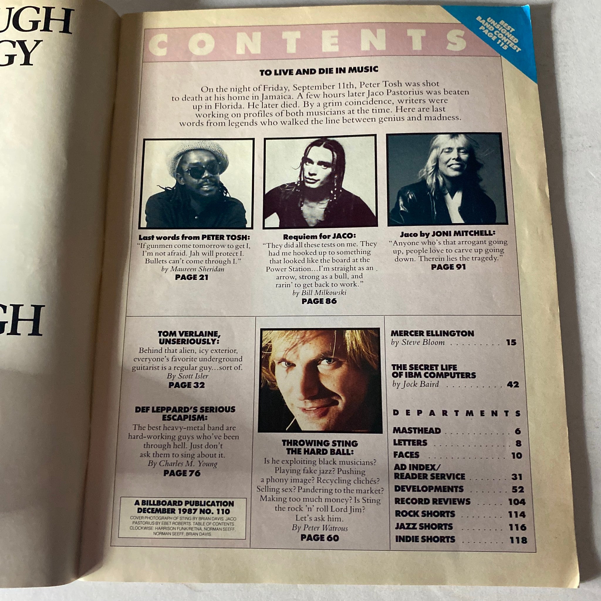 Contents page of the December 1987 issue of Musician Magazine titled 'Musician Magazine December 1987 No. 110: Slapping Sting Around', featuring articles on musicians Peter Tosh, Jaco Pastorius, and Joni Mitchell, along with various music topics.