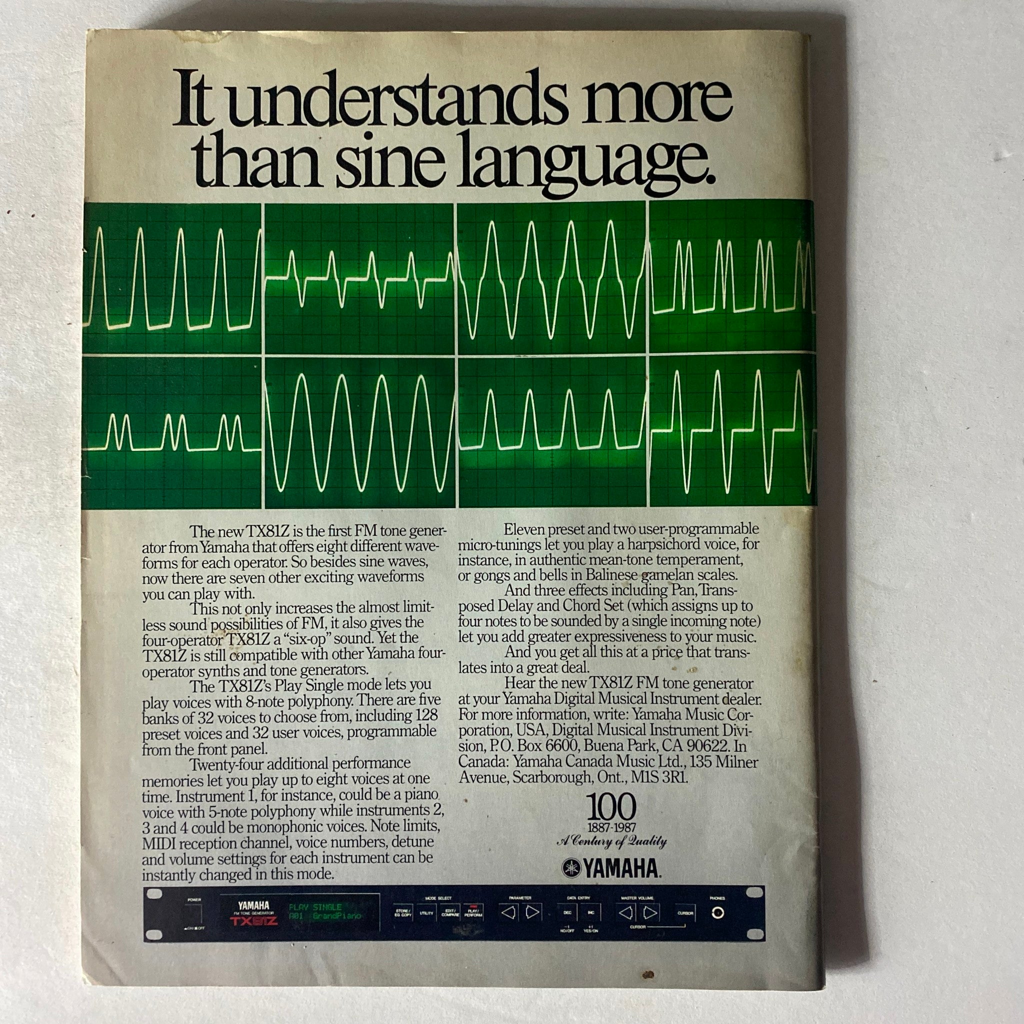 Back cover of the December 1987 Musician Magazine titled 'Musician Magazine December 1987 No. 110: Slapping Sting Around', showcasing an advertisement for the Yamaha TX81Z FM tone generator with visuals of sound waveforms.
