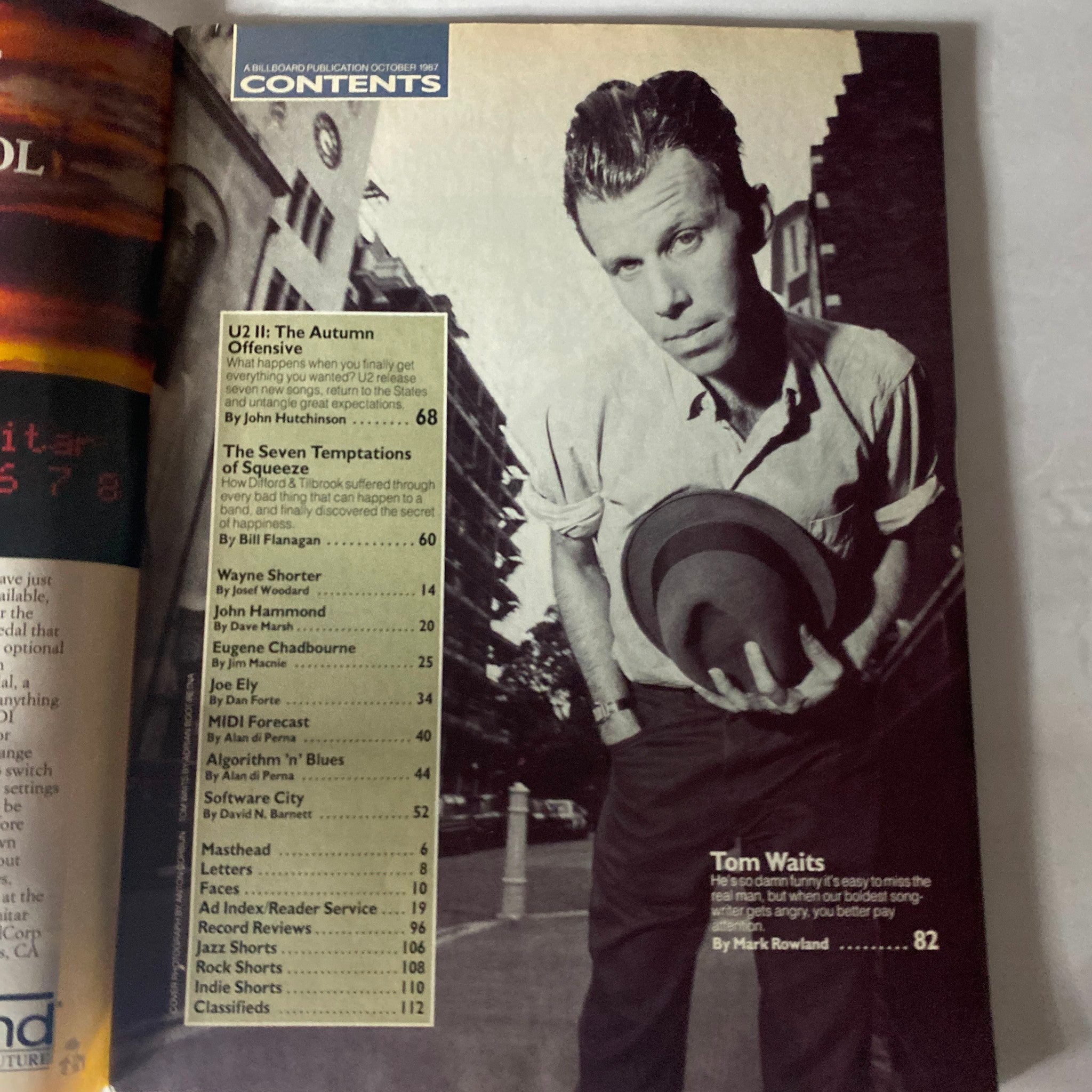 Contents page from Musician Magazine October 1987, featuring articles including 'U2 II: The Autumn Offensive' and 'The Seven Temptations of Squeeze'.