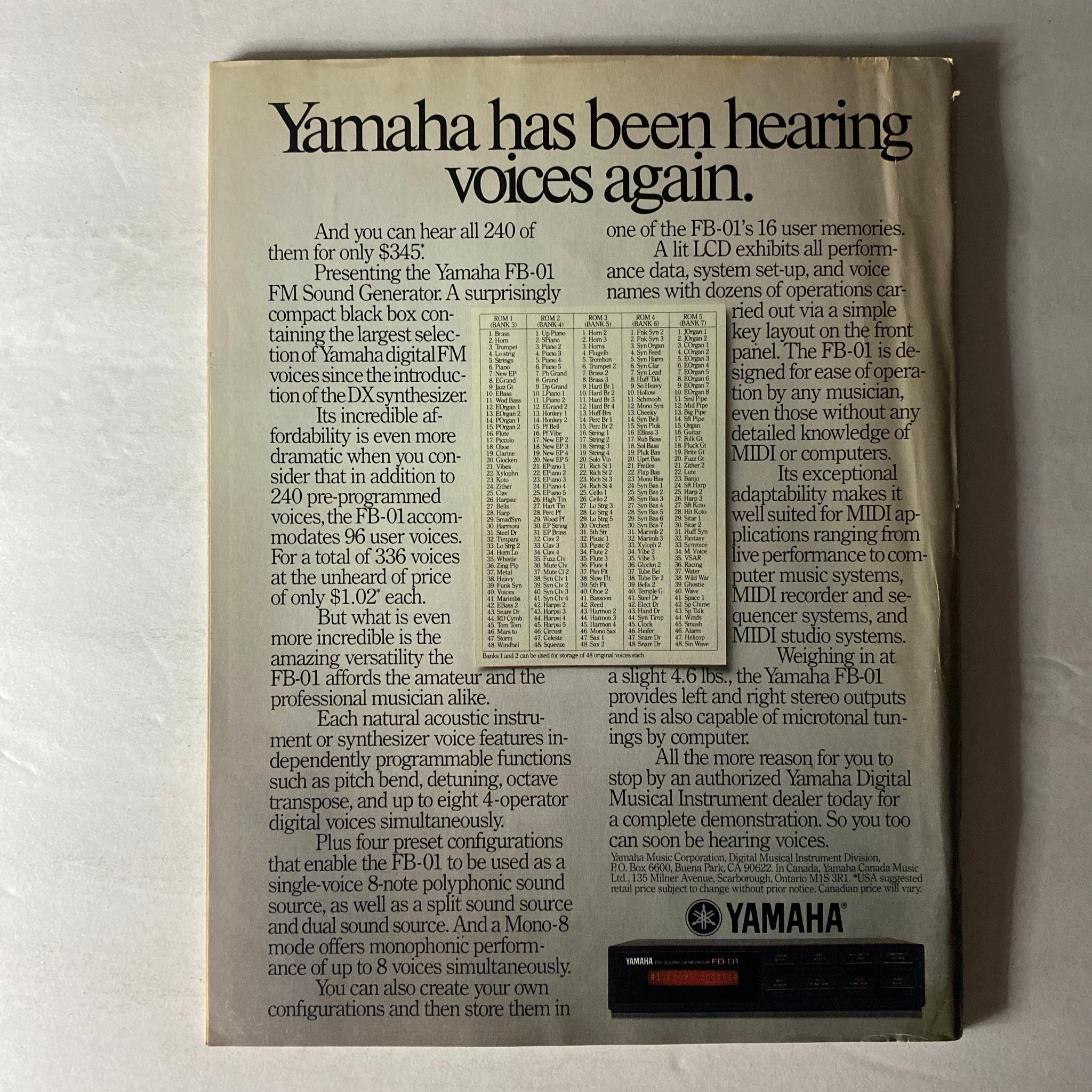Back cover of Musician Magazine October 1987 advertising Yamaha's FB-01 FM Sound Generator, showcasing vintage music technology.