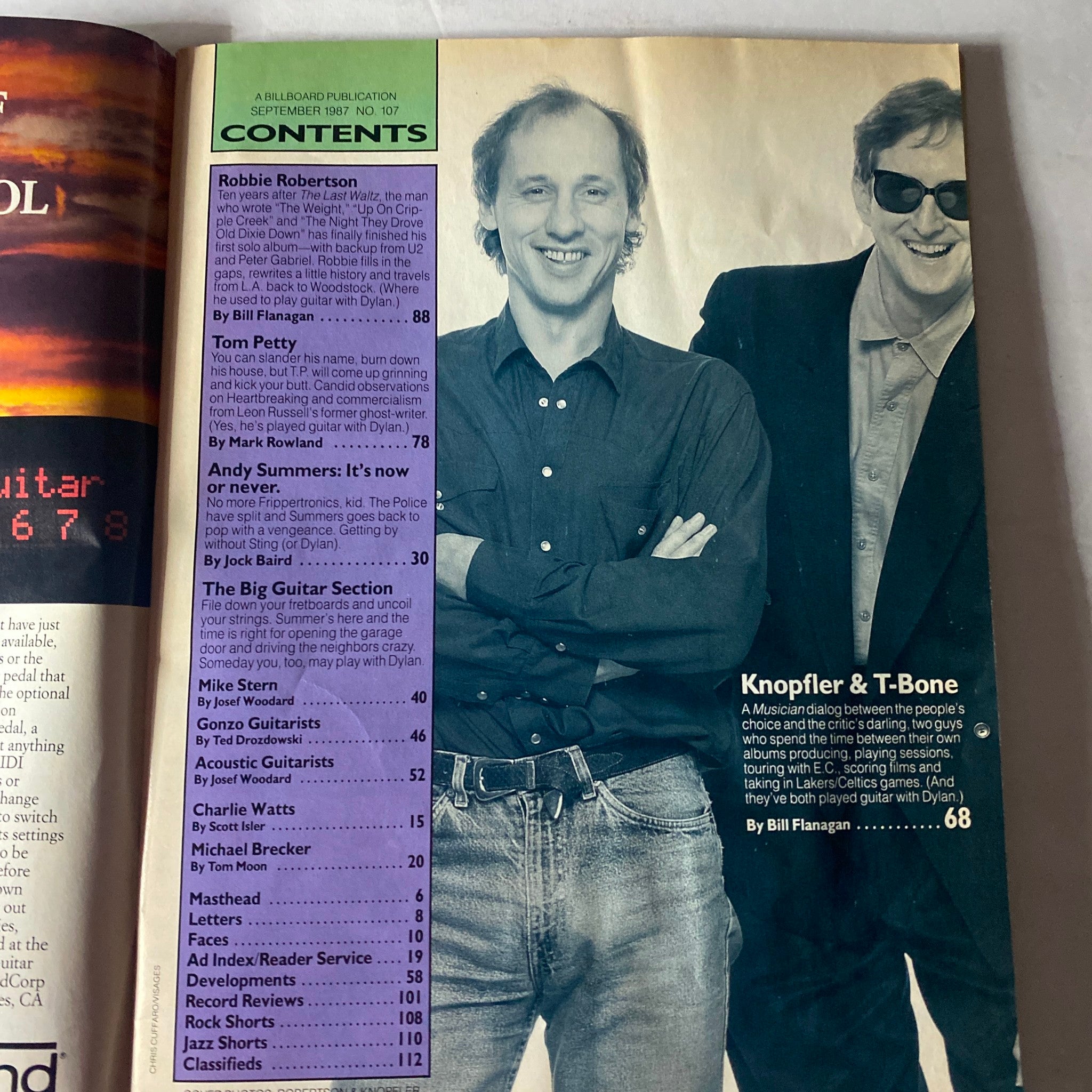 Contents page of VTG Musician Magazine September 1987 No. 107, showcasing features on Robbie Robertson, Tom Petty, and guitarists Knopfler and T-Bone.