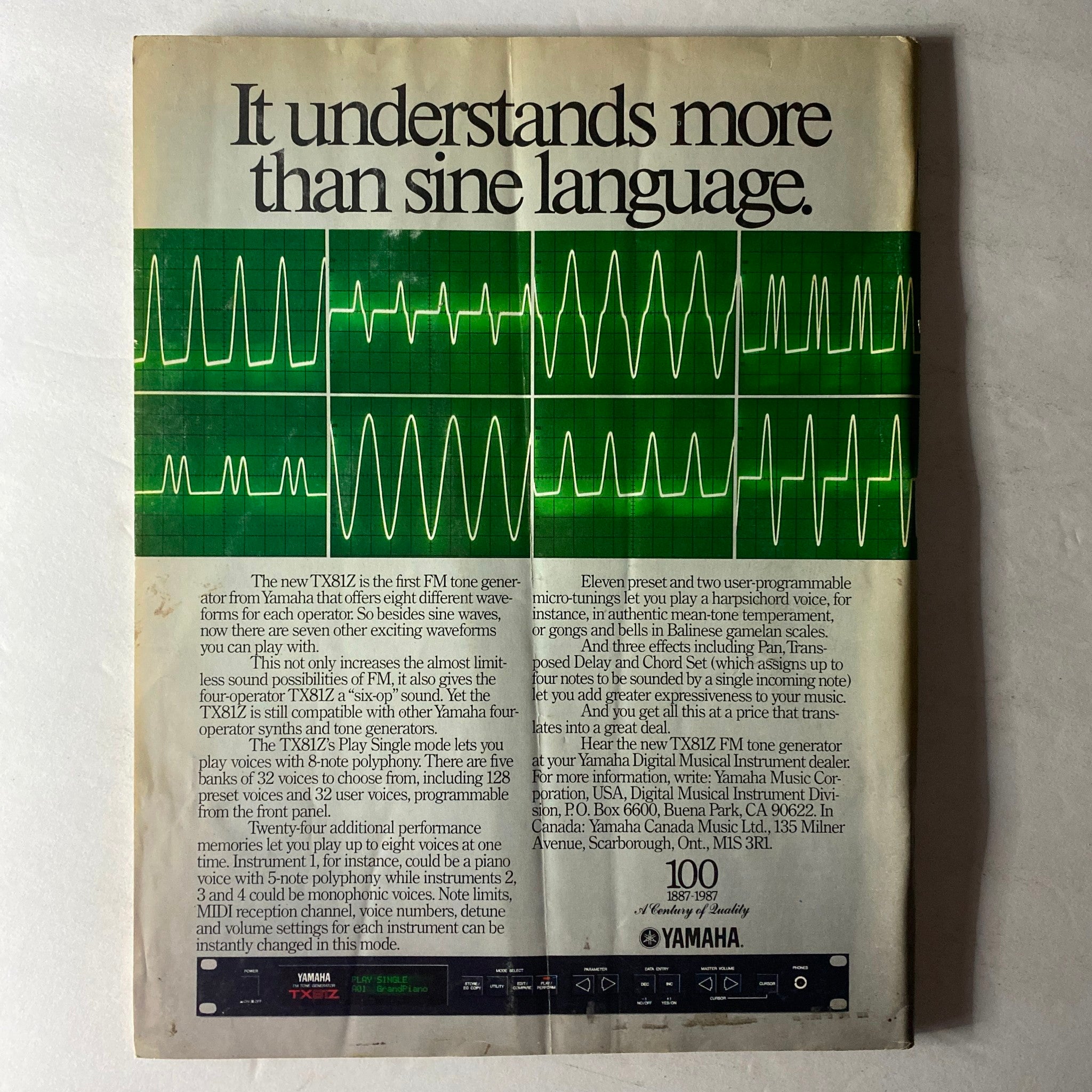 Back cover of the VTG Musician Magazine September 1987 issue featuring an advertisement for the Yamaha TX81Z FM tone generator, highlighting its unique waveform capabilities and features pertinent to musicians.