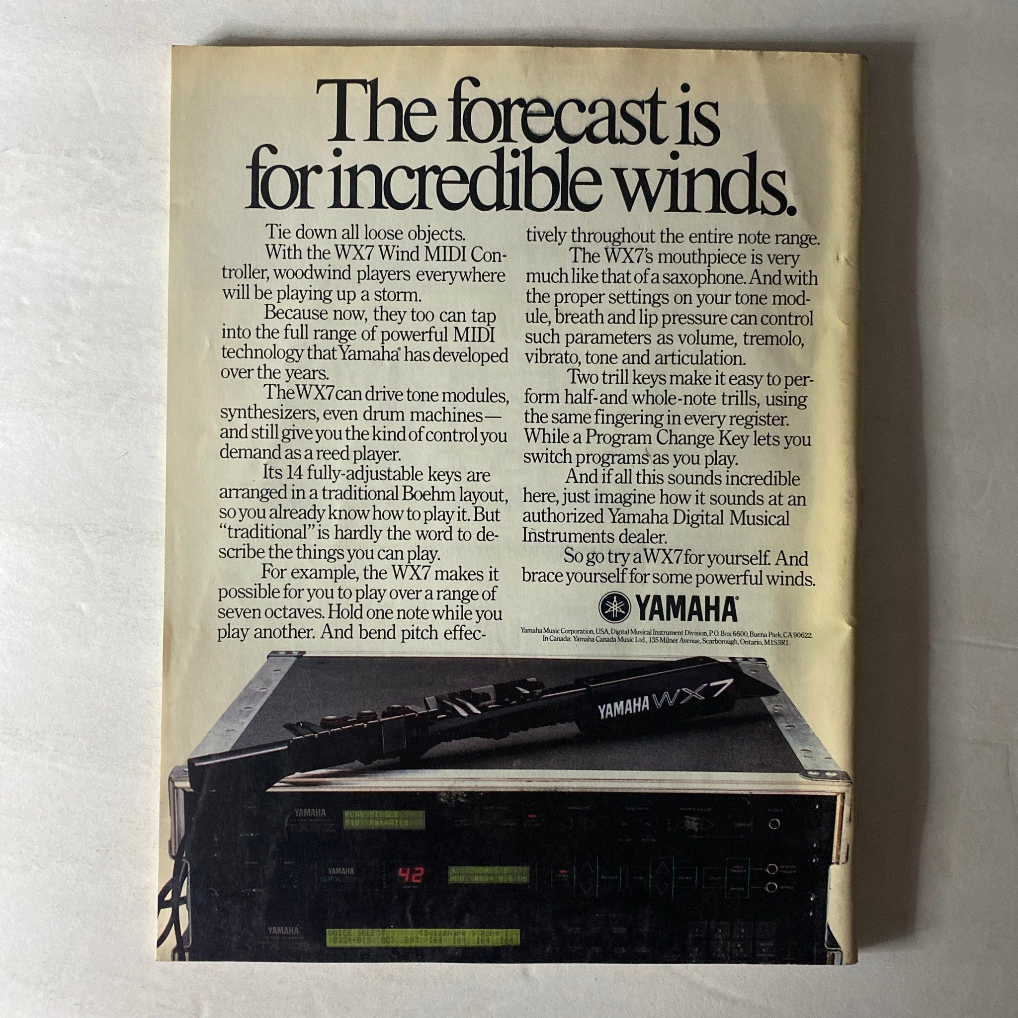 Back cover of VTG Musician Magazine May 1988 No. 115, advertising the Yamaha WX7 MIDI controller, emphasizing its features for woodwind players.