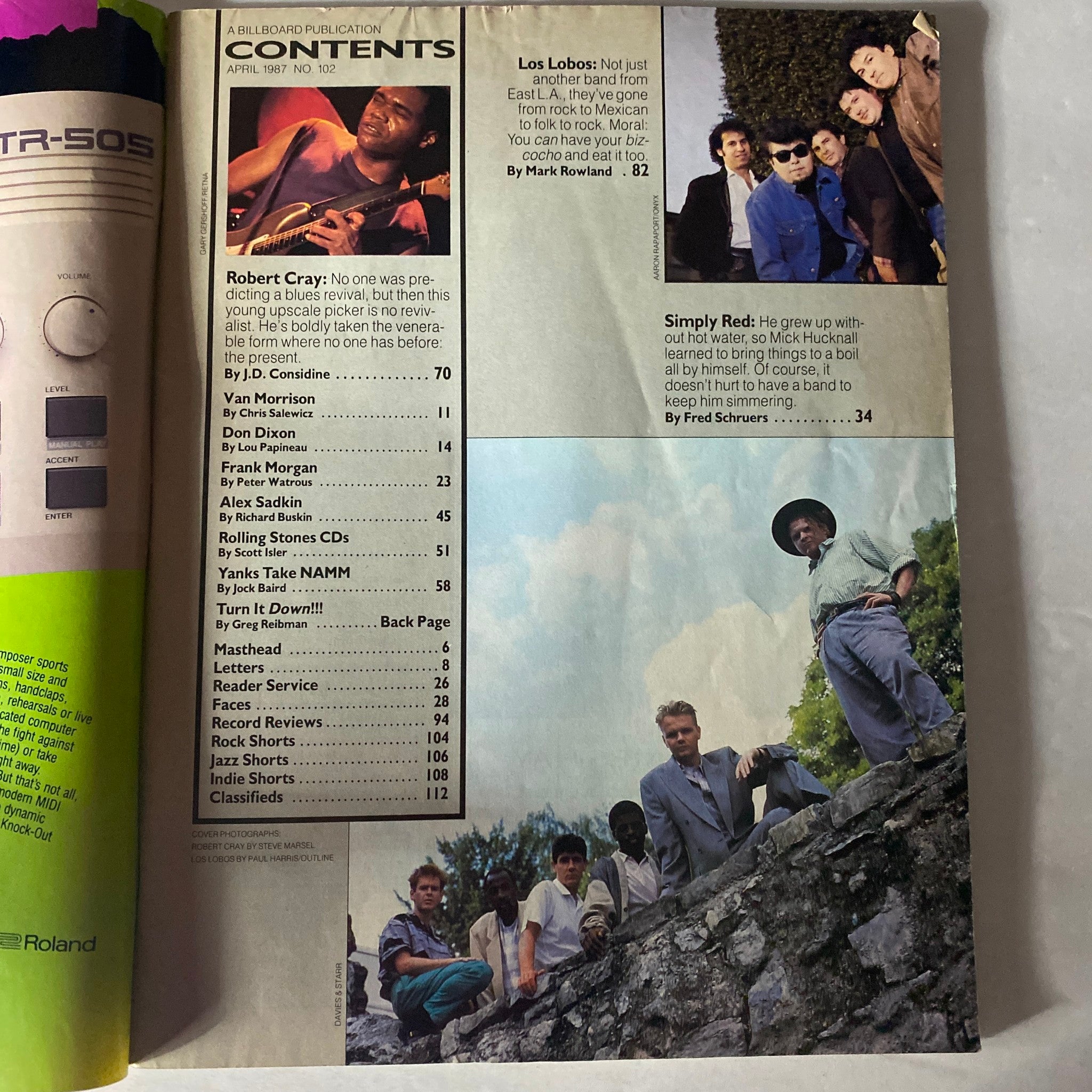 Contents page of VTG Musician Magazine April 1987 No. 102 listing articles on Robert Cray, Van Morrison, and Simply Red, highlighting music industry insights.