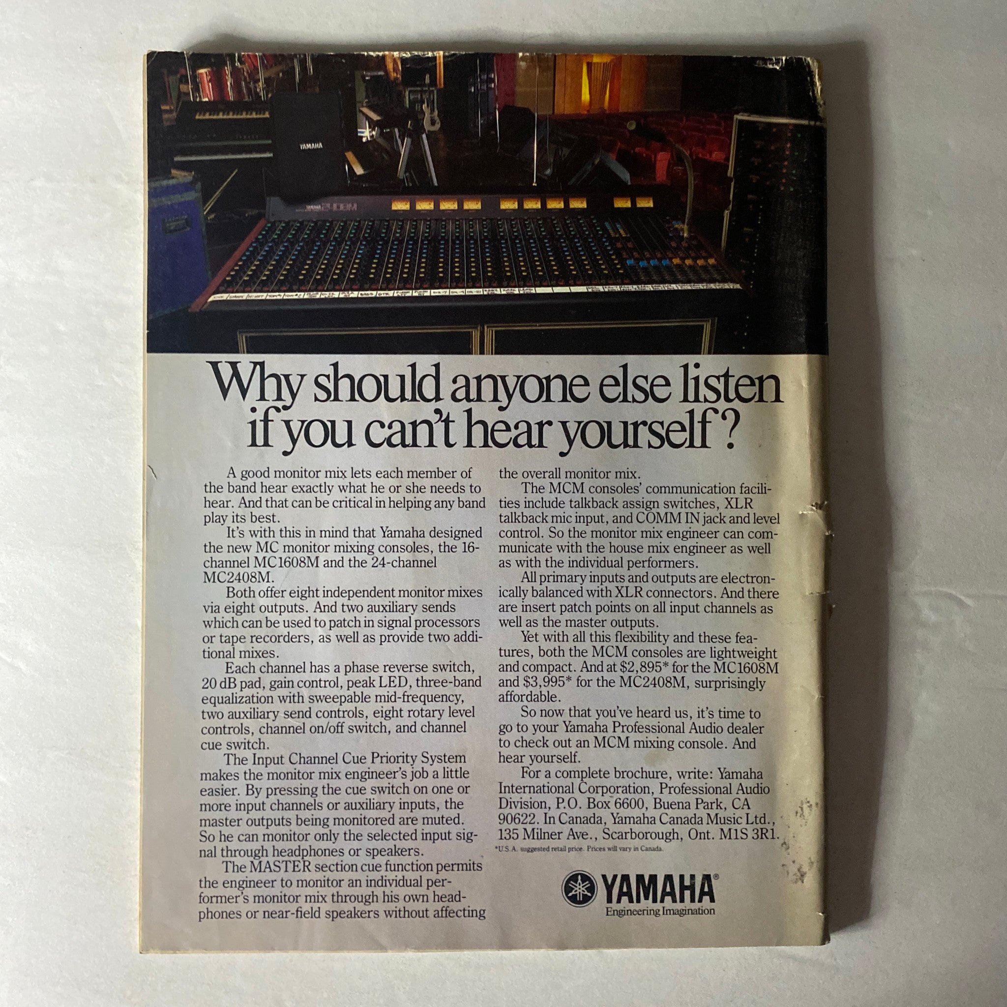 Back cover of VTG Musician Magazine April 1987 No. 102 advertising Yamaha monitor mixing consoles, illustrating professional audio equipment.