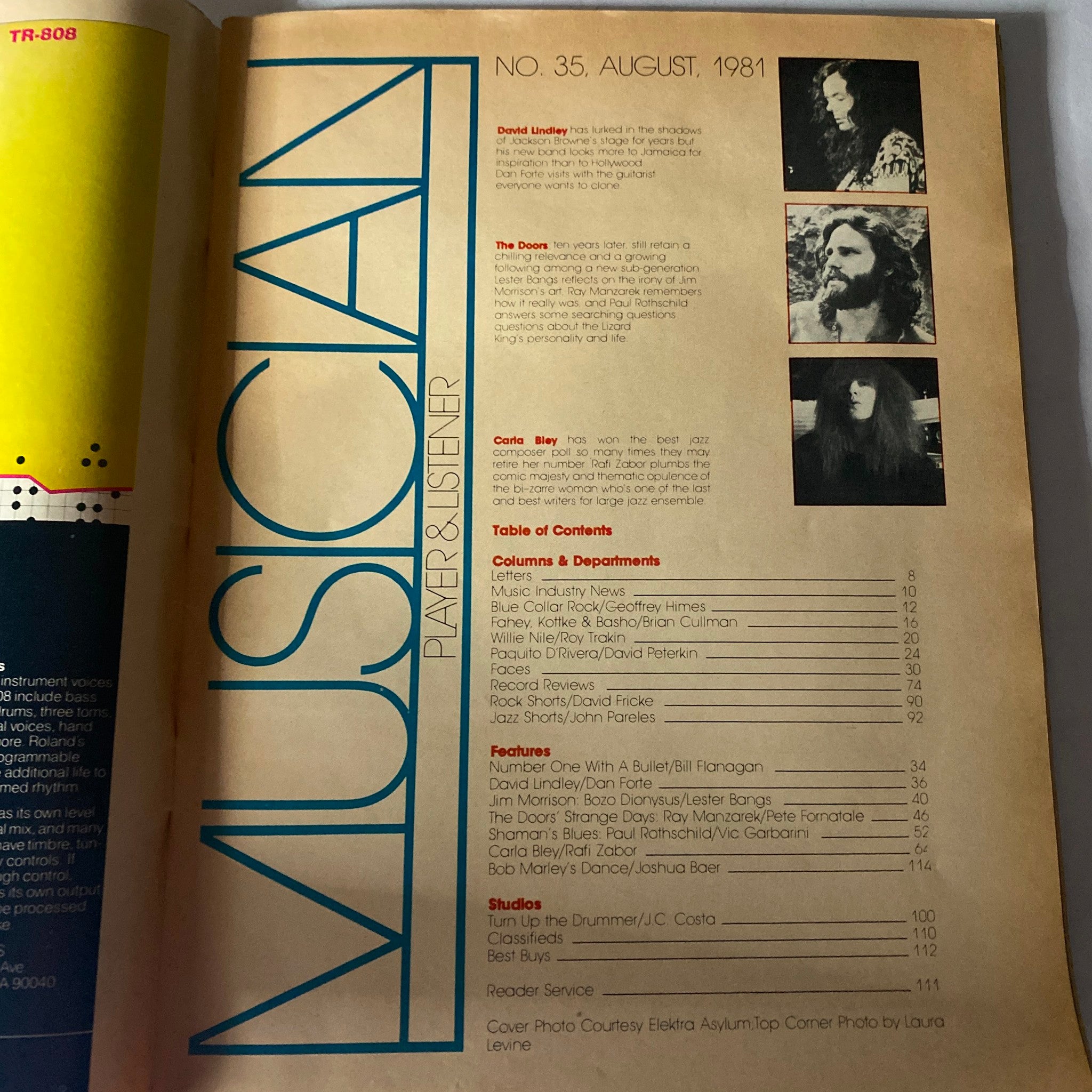 Interior page of VTG Musician Magazine August 1981 No. 35, displaying the table of contents and features including articles on The Doors and insights into music culture from that era.