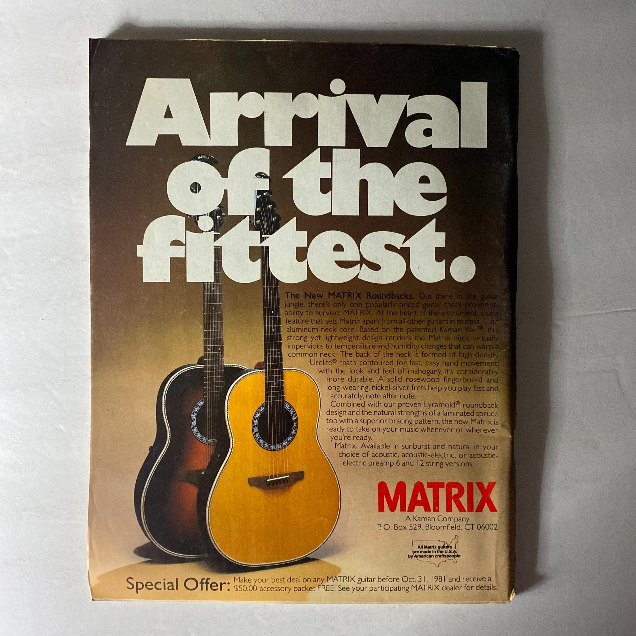 Vintage advertisement for MATRIX guitars featured in VTG Musician Magazine August 1981 No. 35 Jim Morrison, showcasing two distinct guitar models with details about their design and features.