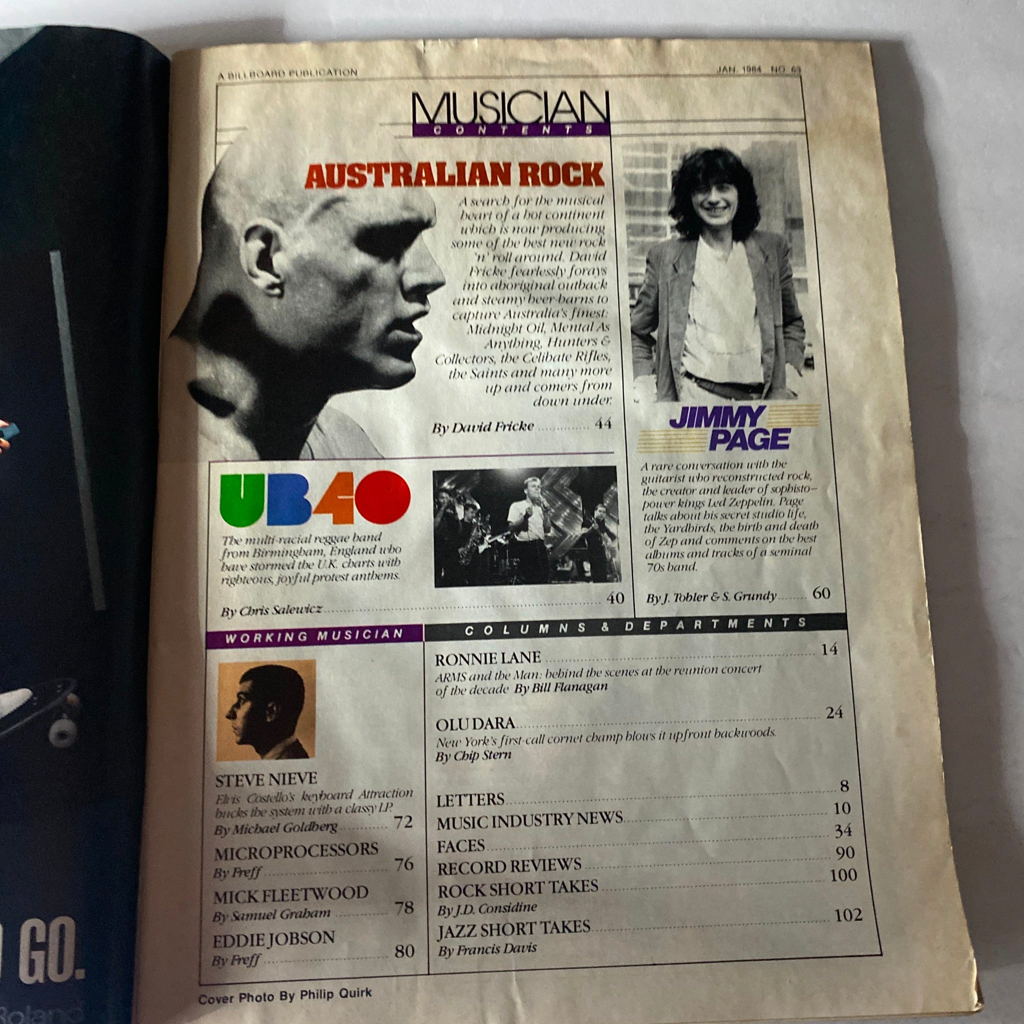 Inside contents page of VTG Musician Magazine January 1984 No. 63, highlighting articles by David Fricke on Australian rock, featuring details about UB40 and Jimmy Page.
