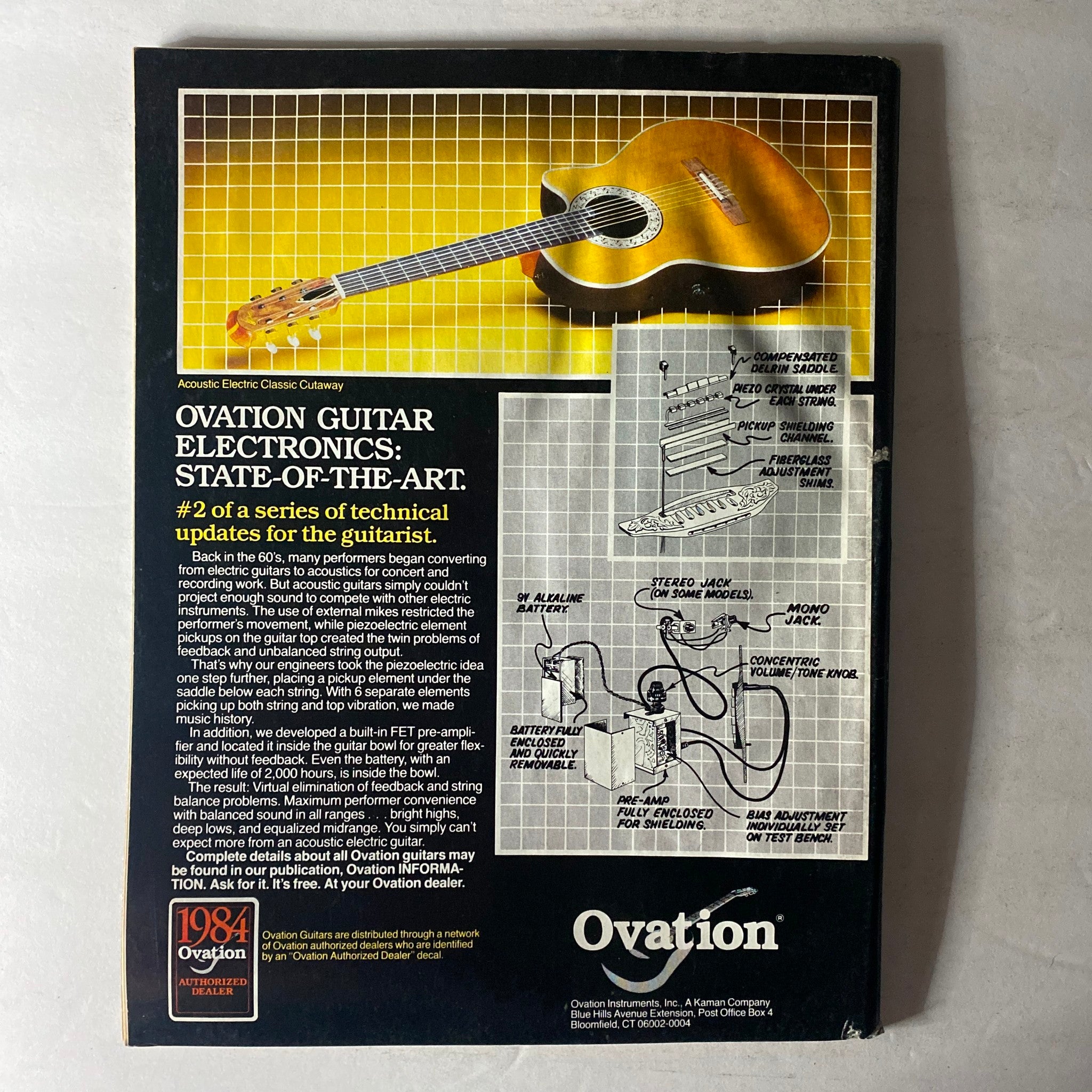 Back cover of VTG Musician Magazine January 1984 No. 63 featuring a detailed diagram on Ovation guitar electronics labeled 'State-of-the-Art' with an illustration of an acoustic electric guitar.
