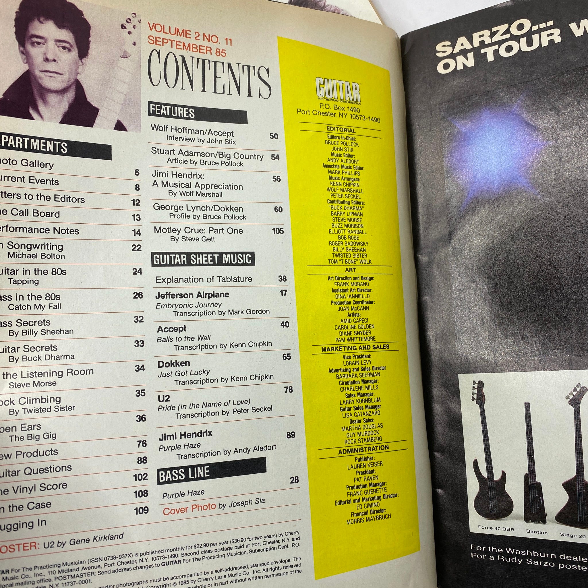 Contents page of Guitar Magazine September 1985, showcasing featured articles including insights on Jimi Hendrix and George Lynch.