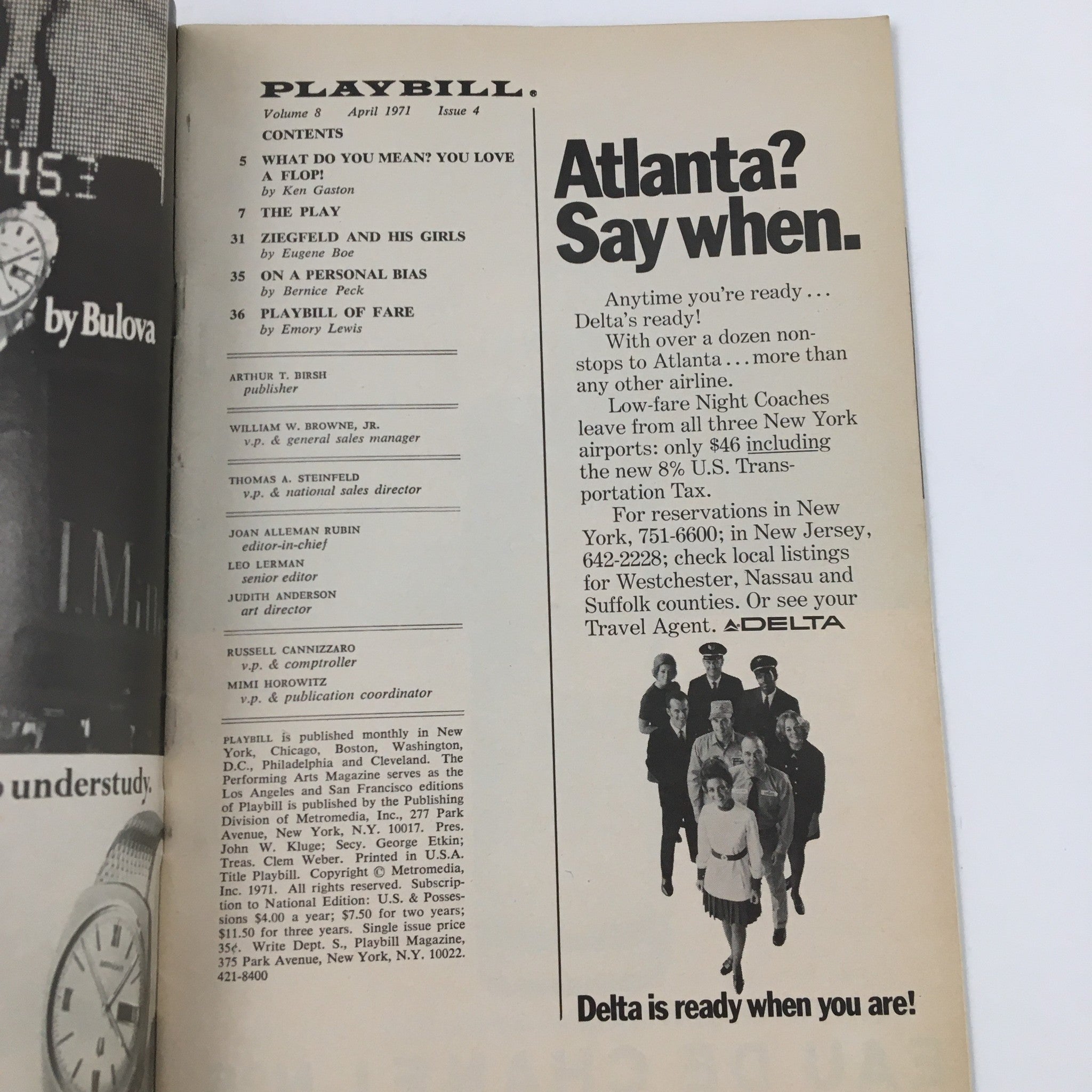 Interior page of the 1971 Playbill for Applause, featuring an advertisement for Delta Airlines, illustrating the vintage aesthetic of theater memorabilia.