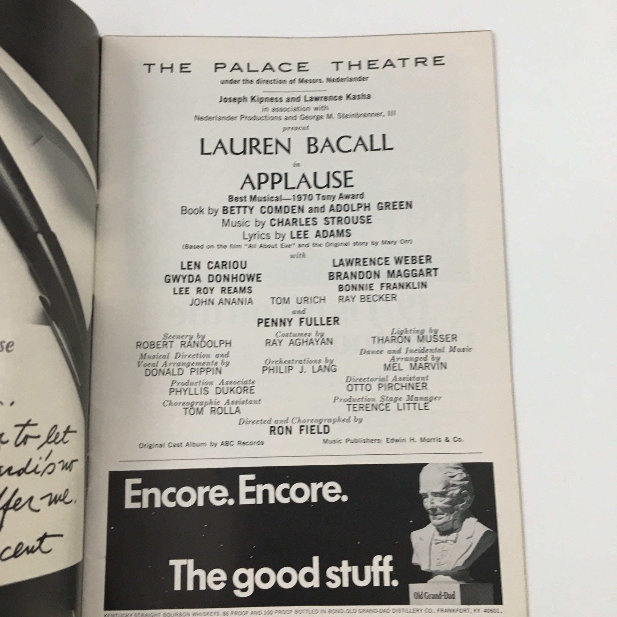 Interior page of the 1971 Playbill showcasing credits for Lauren Bacall in Applause, including cast and crew details, emphasizing its historical significance.