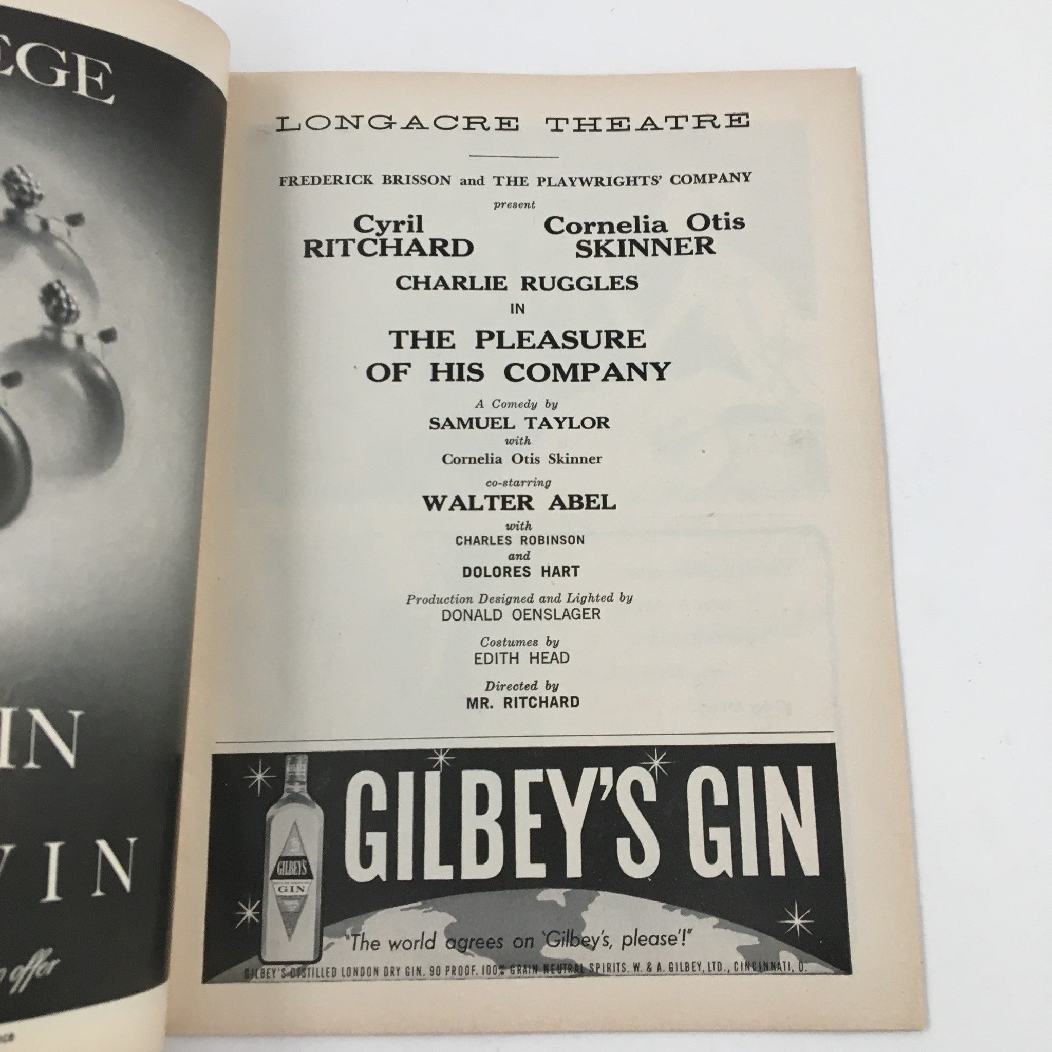 1959 Playbill Longacre Theatre Present The Pleasure Of His Company by M Ritchard