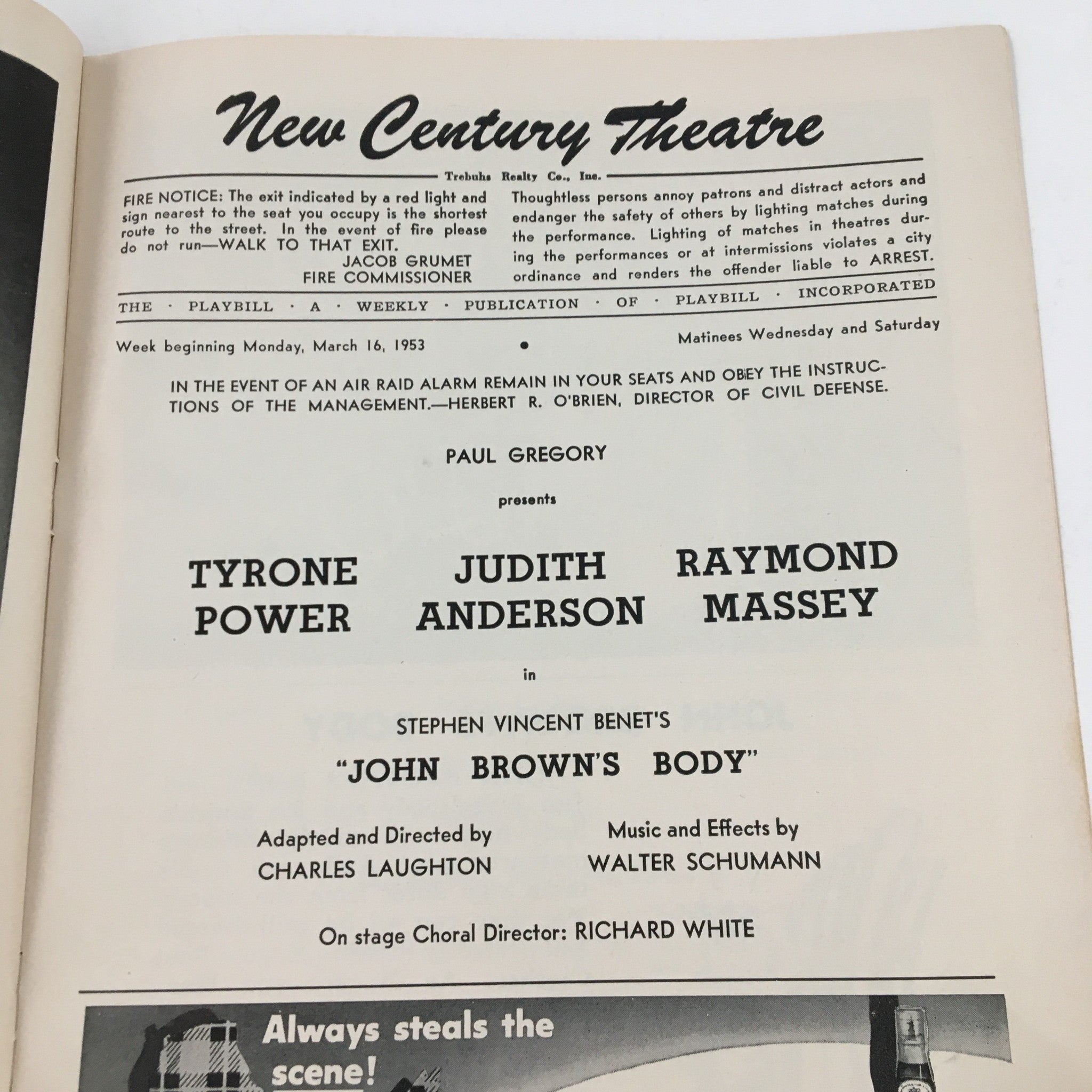 1953 Playbill New Century Theatre Paul Gregory Presents John Brown's Body