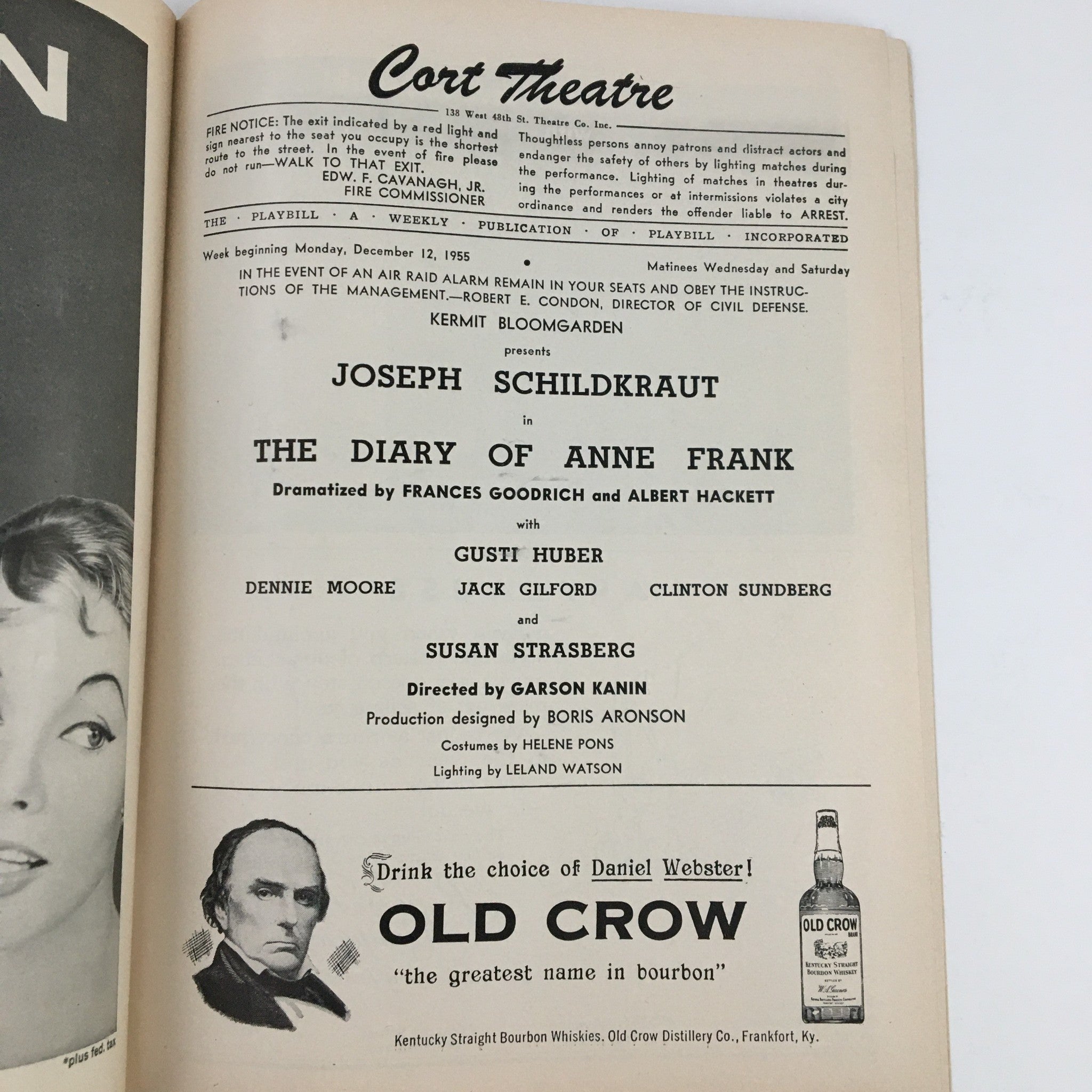 1955 Playbill Cort Theatre Present Joseph Schildkraut in The Diary of Anne Frank