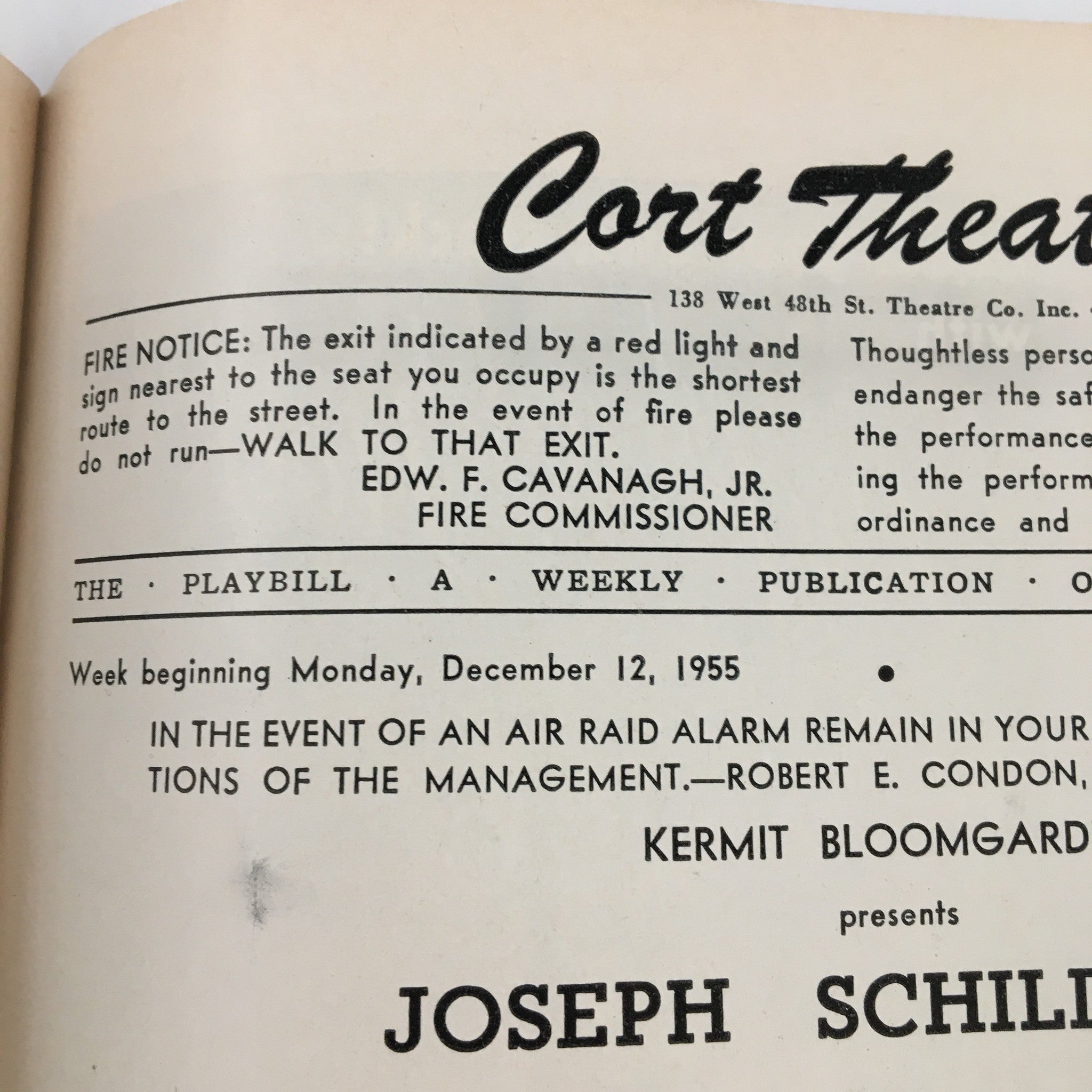 1955 Playbill Cort Theatre Present Joseph Schildkraut in The Diary of Anne Frank