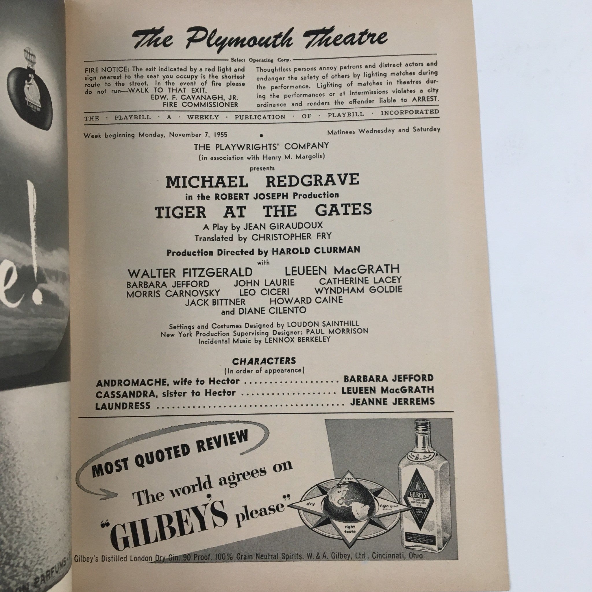 1955 Playbill The Plymouth Theatre Presents Tiger At The Gates by Harold Clurman