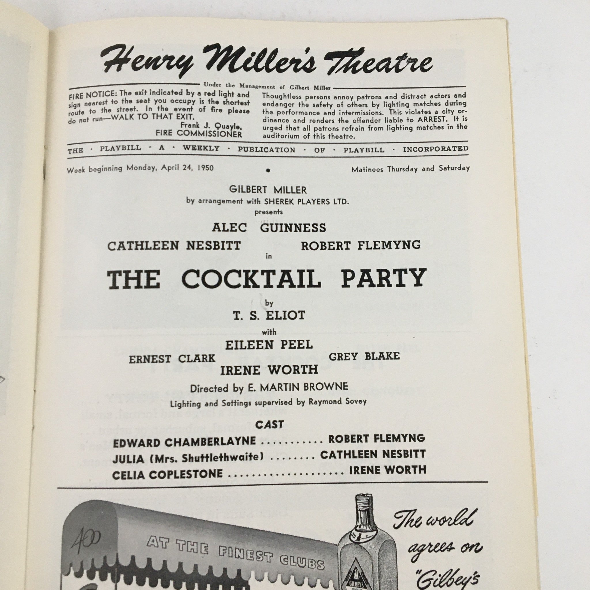 1950 Playbill Henry Miller's Theatre Present The Cocktail Party by T.S. Eliot