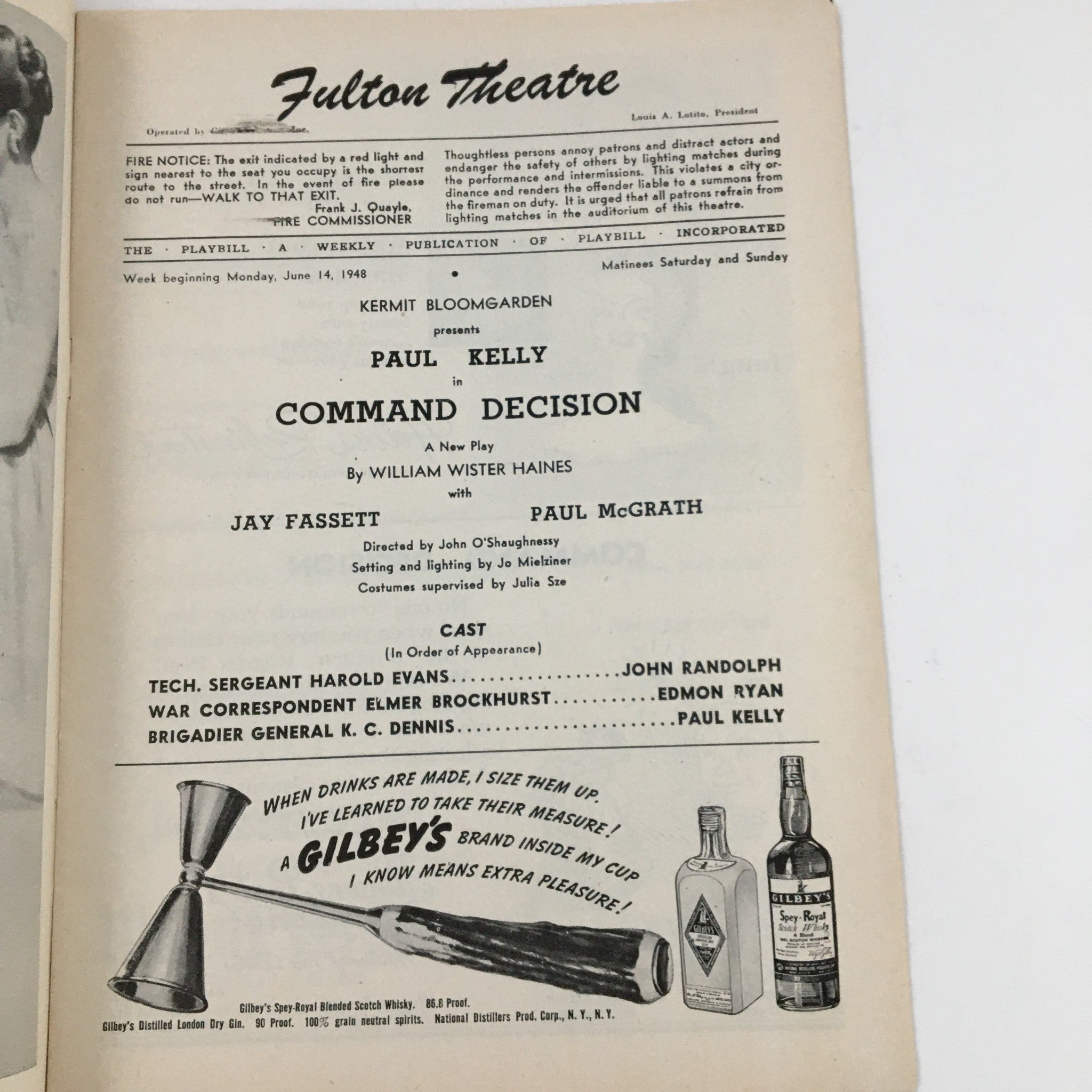 1948 Playbill Fulton Theatre Presents Command Decision by William Wister Haines