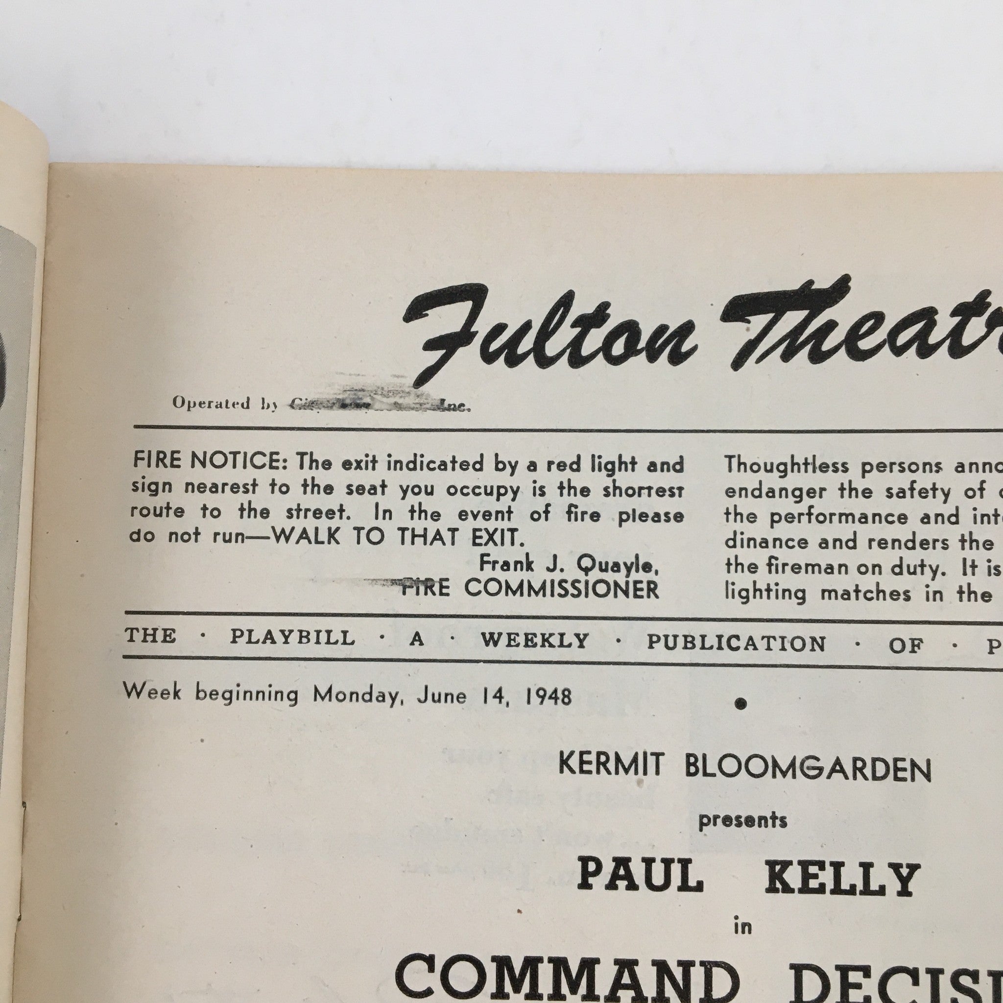 1948 Playbill Fulton Theatre Presents Command Decision by William Wister Haines