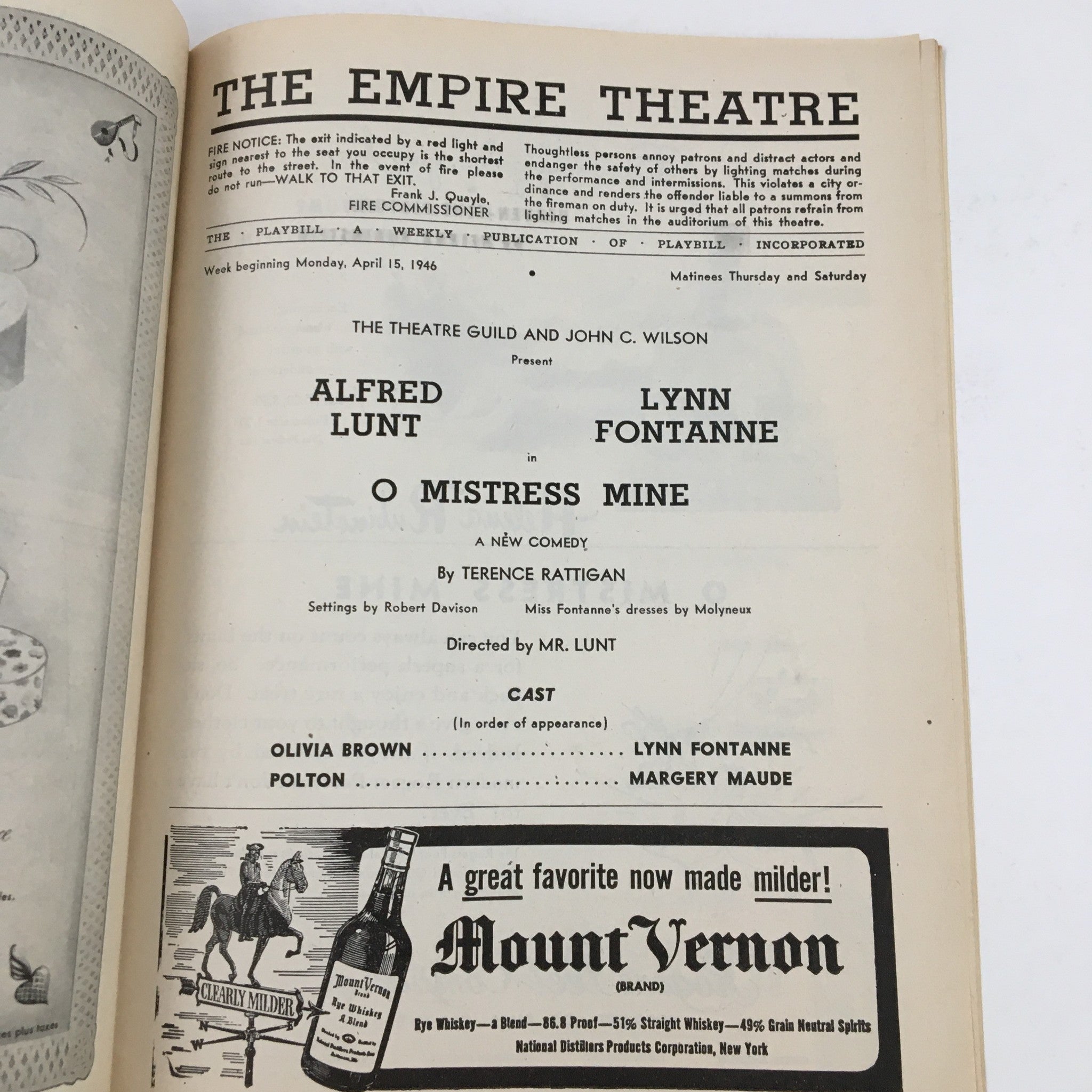 1946 Playbill The Empire Theatre Present Lynn Fontanne in O Mistress Mine