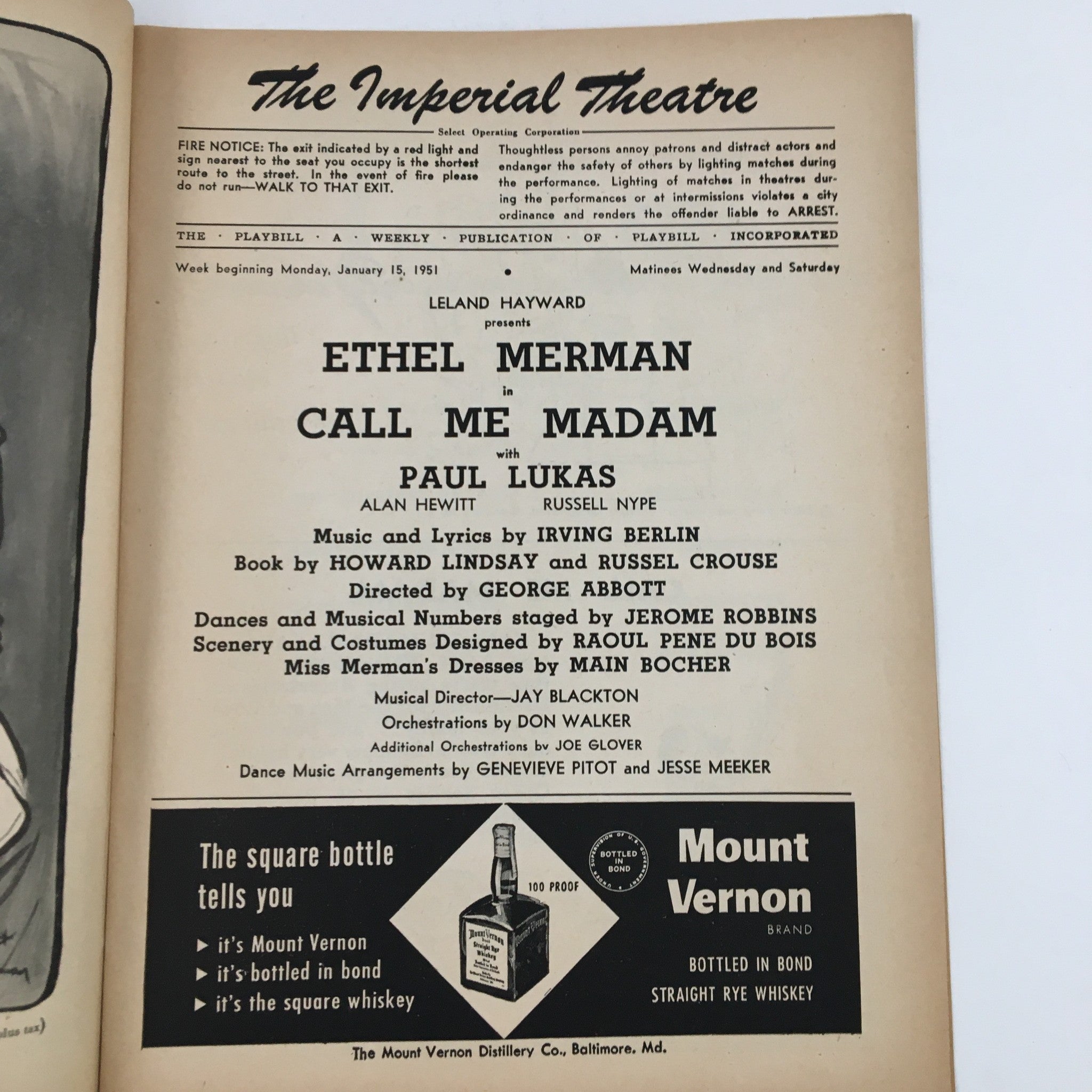 1951 Playbill The Imperial Theatre Present Ethel Merman in Call Me Madam