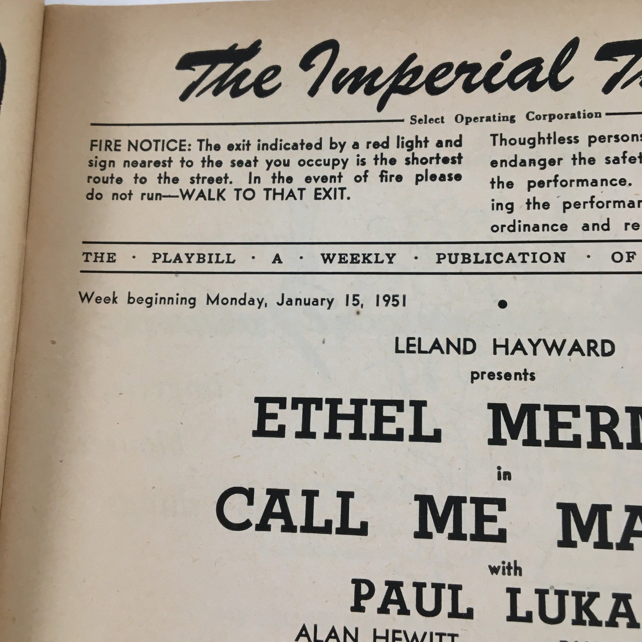 1951 Playbill The Imperial Theatre Present Ethel Merman in Call Me Madam