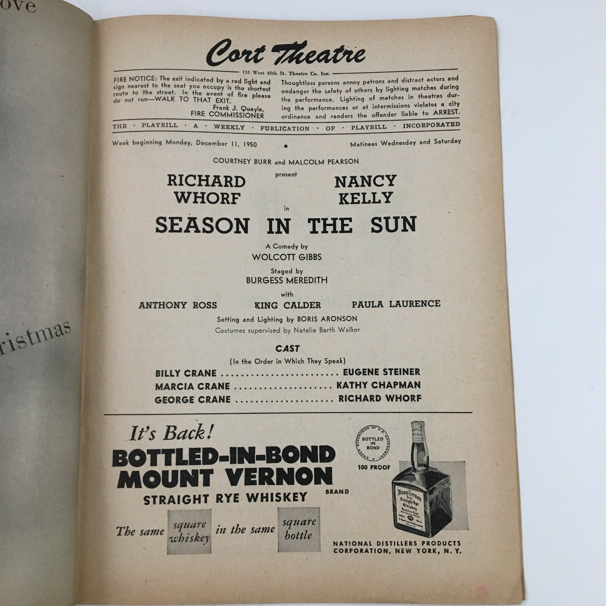 1950 Playbill Cort Theatre Present Richard Worf in Season In The Sun by W. Gibbs