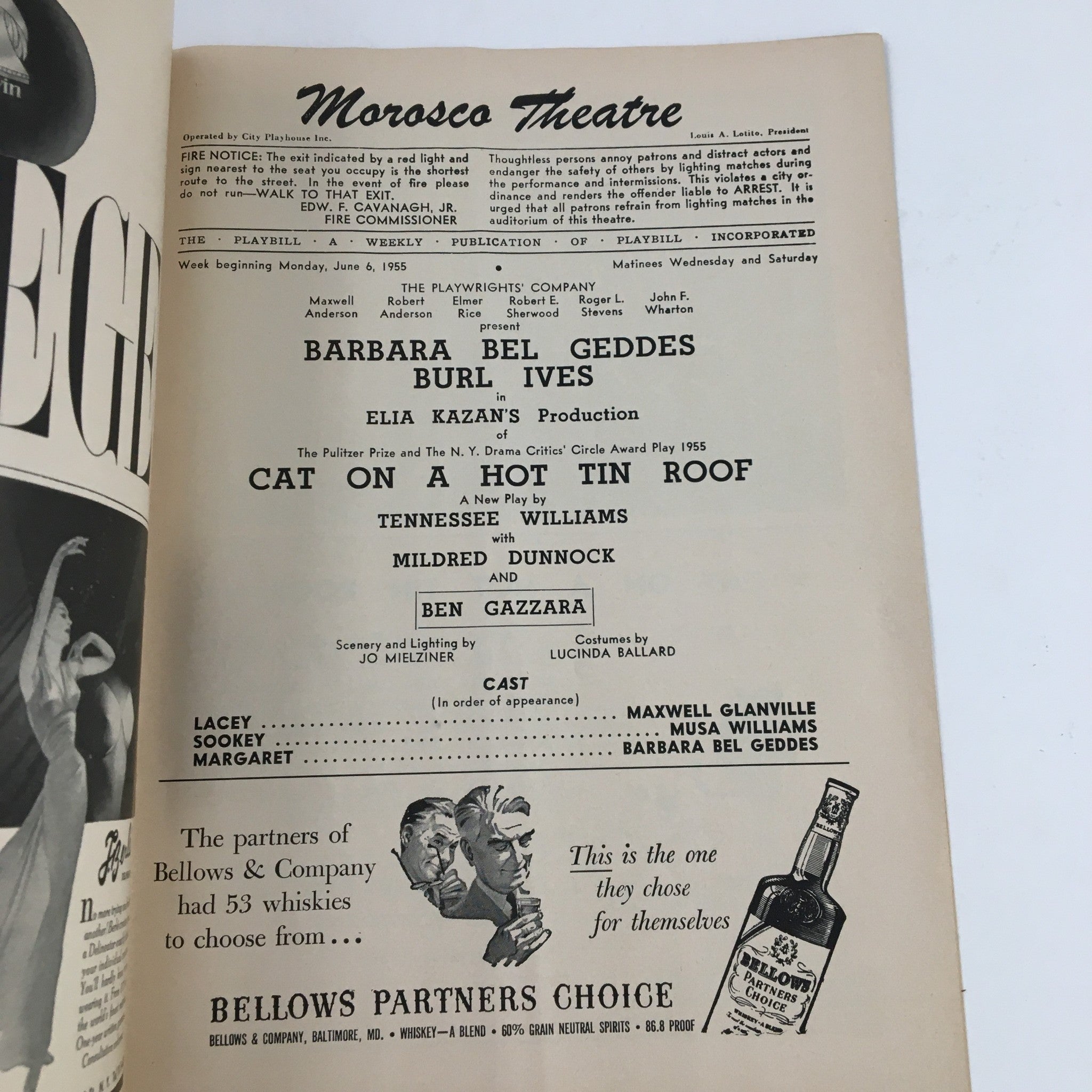 1955 Playbill Morosco Thtr Present Cat On A Hot Tin Roof by Tennessee Williams