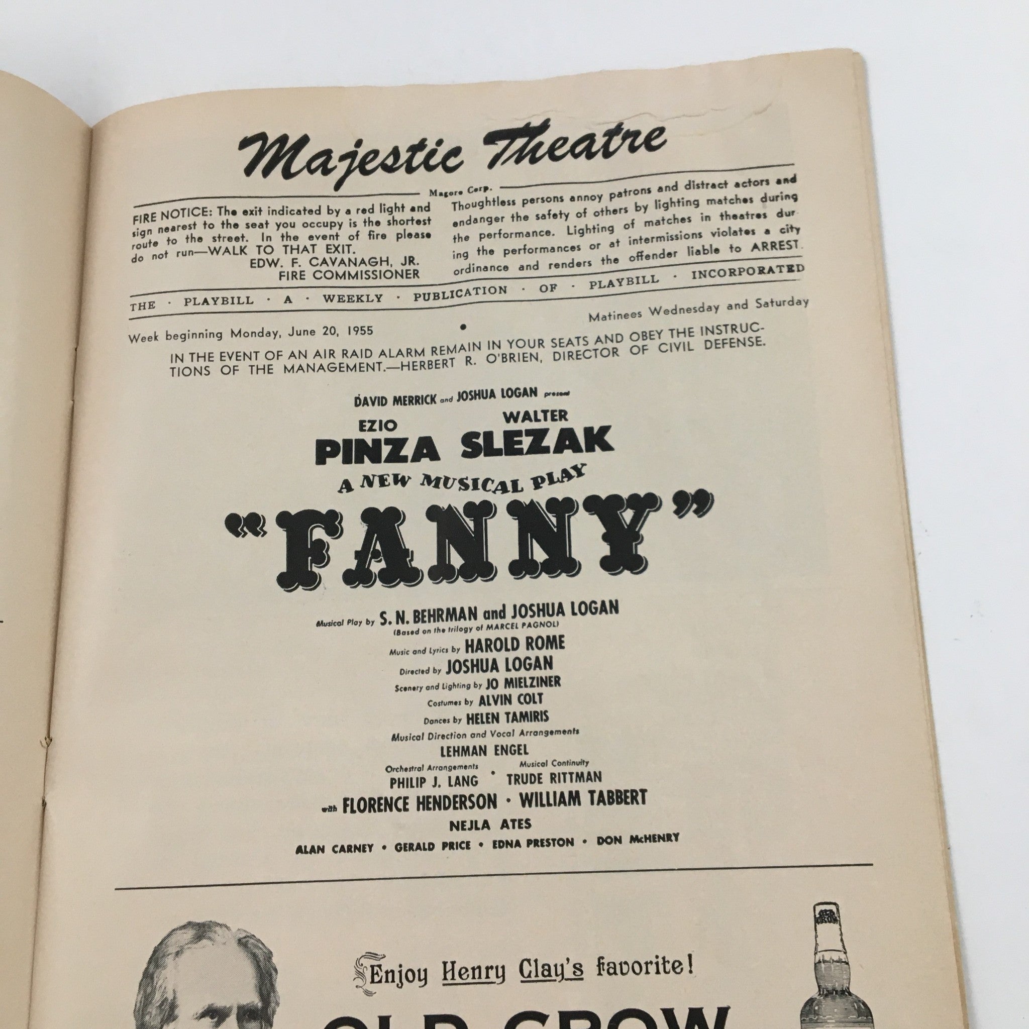 1955 Playbill Majestic Theatre Present Ezio Pinza in A New Musical Play Fanny