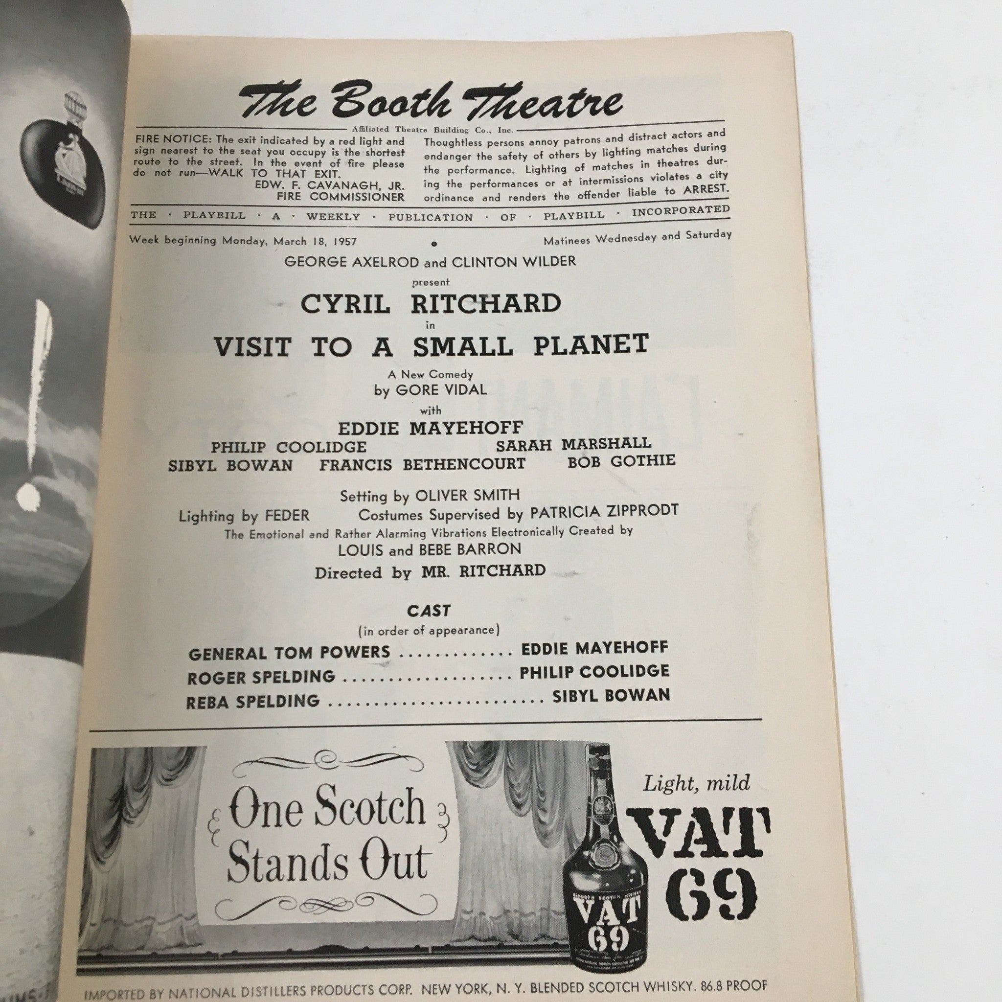 1957 Playbill The Booth Theatre Present Cyril Ritchard Visit To A Small Planet