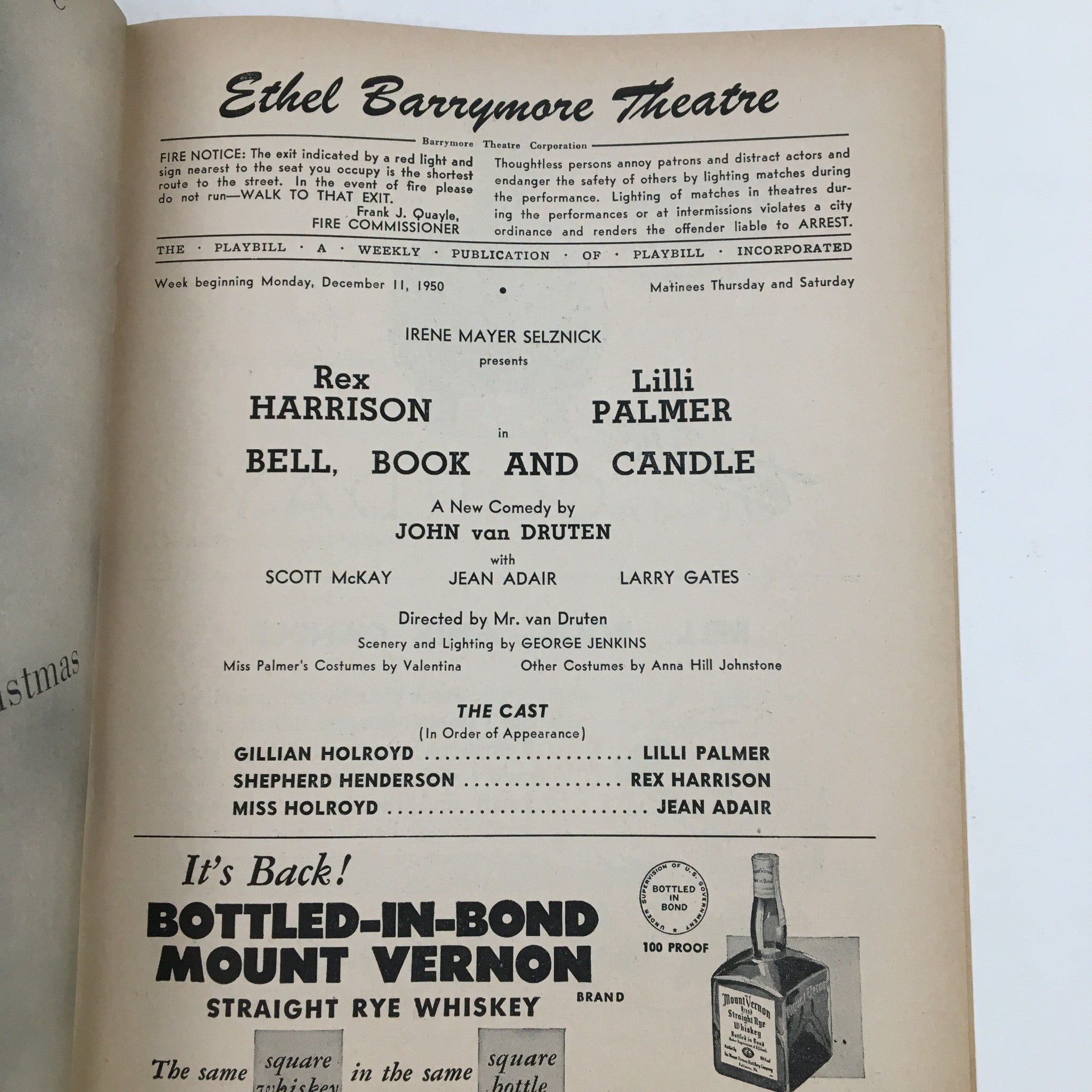 1950 Playbill Ethel Barrymore Theatre Lili Palmer Present Bell, Book and Candle