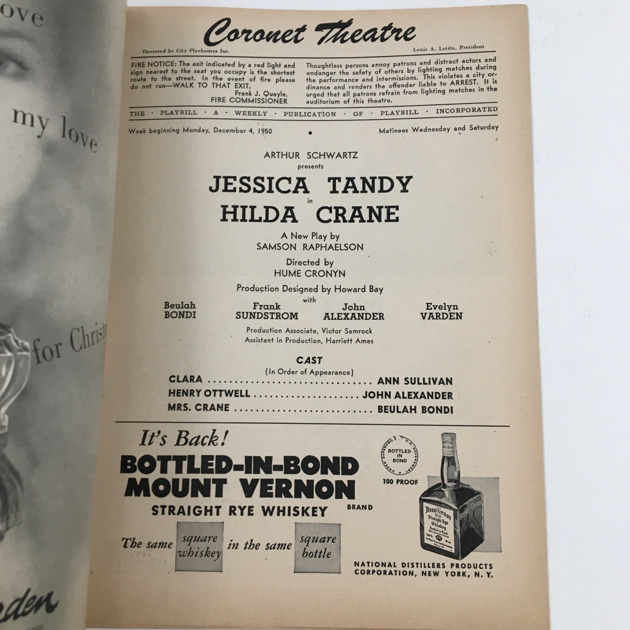 1950 Playbill Coronet Theater Presents Jessica Tandy in Hilda Crane by H. Cronyn