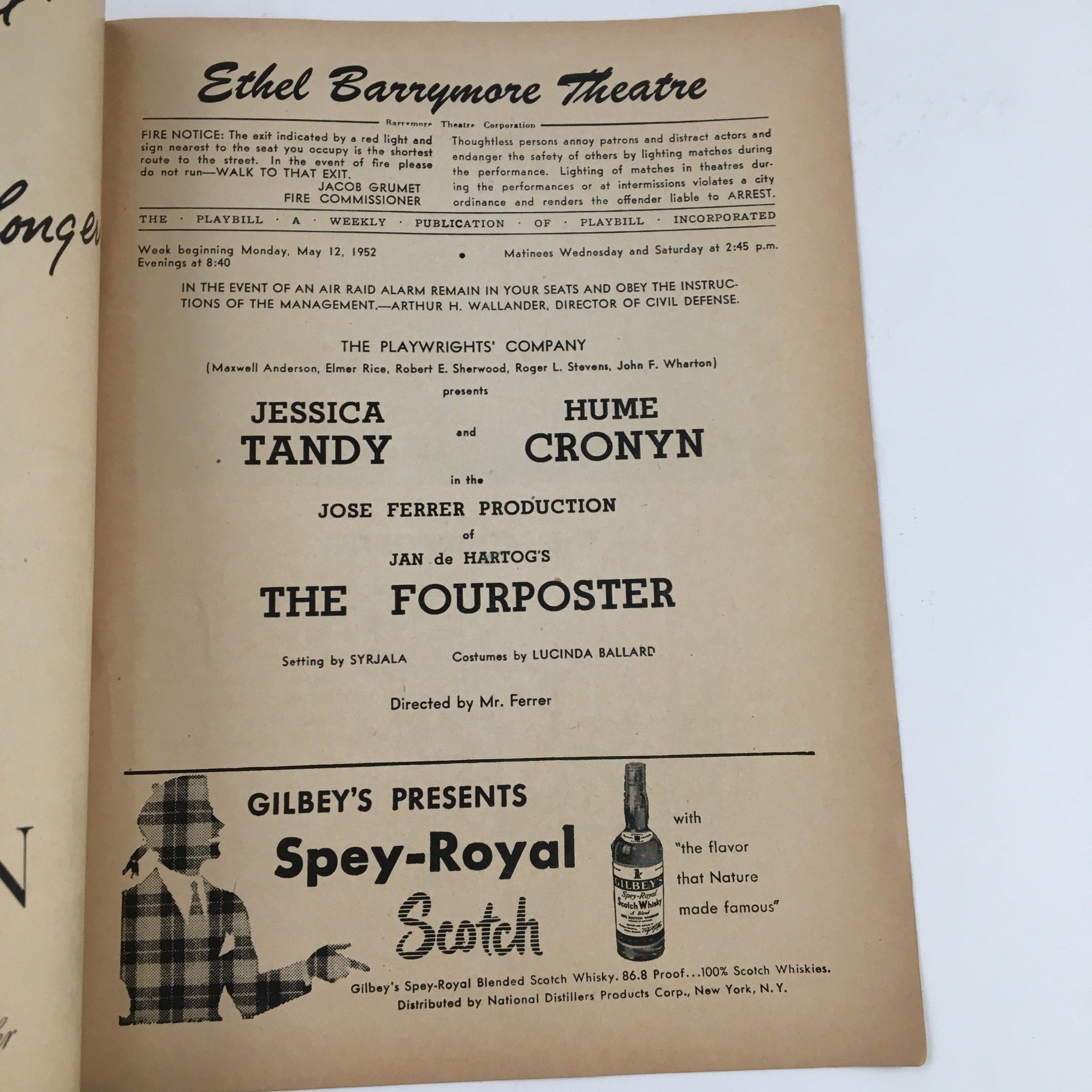 1952 Playbill Ethel Barrymore Theatre Present Jessica Tandy in The Fourposter