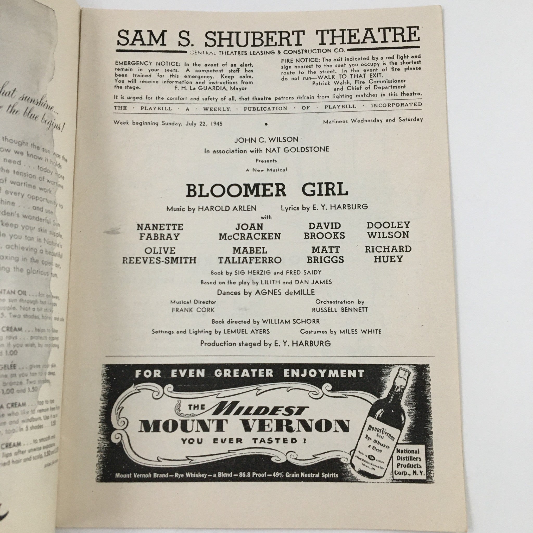 1945 Playbill Sam S. Shubert Theatre John C. Wilson Present Bloomer Girl Musical