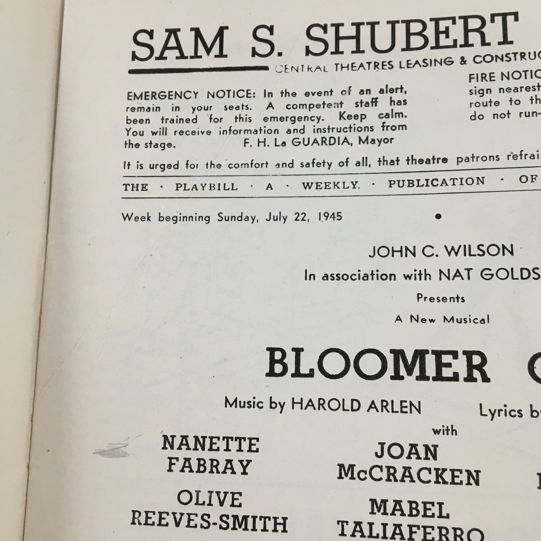 1945 Playbill Sam S. Shubert Theatre John C. Wilson Present Bloomer Girl Musical