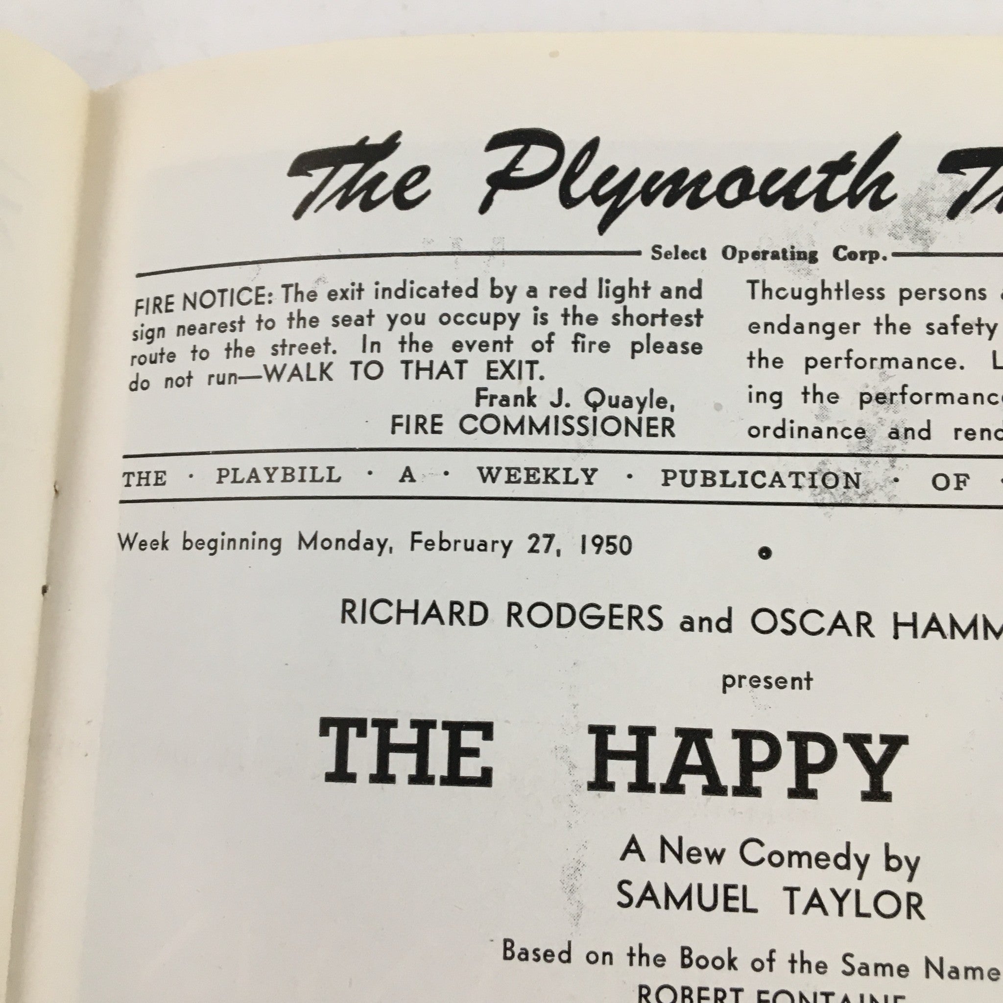 1950 Playbill The Plymouth Theatre Present The Happy Time by Robert Lewis