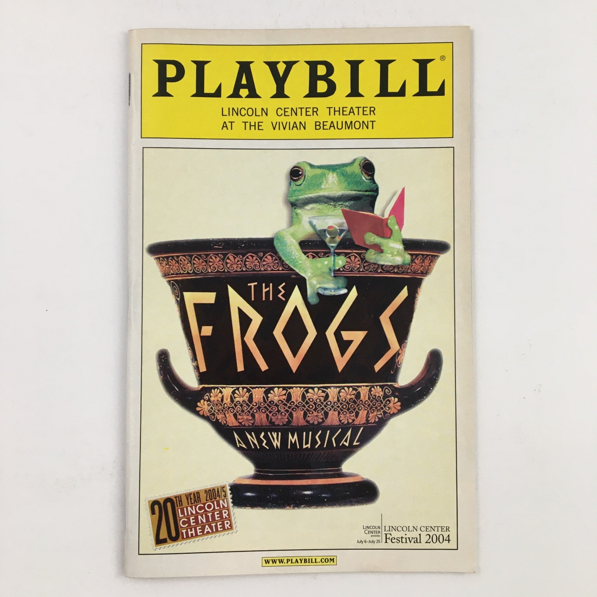 2004 Playbill for The Frogs Musical at Lincoln Center Theater featuring a frog character on the cover.