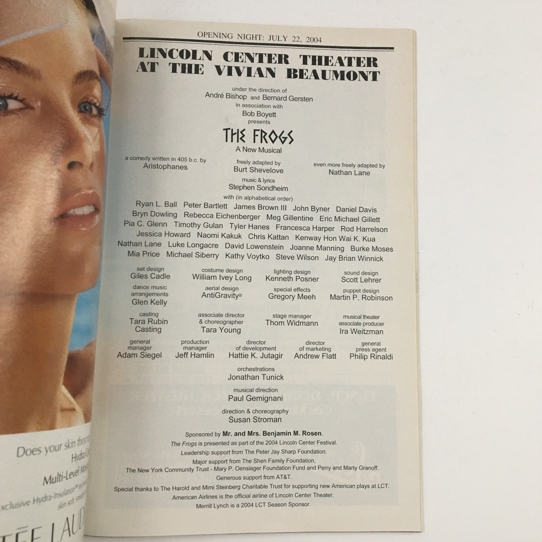2004 Playbill highlighting the opening night cast and crew of The Frogs at Lincoln Center Theater.