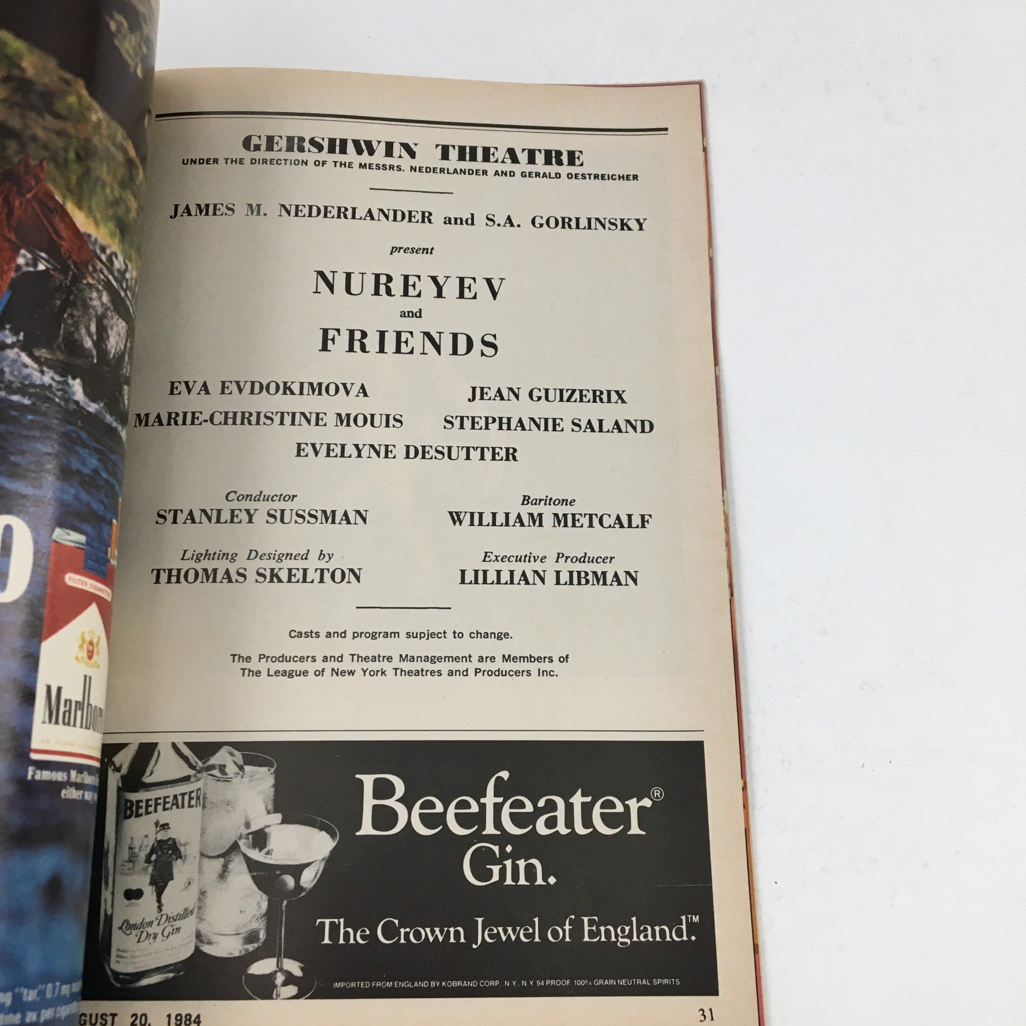 1984 Playbill Gershwin Theatre Present Nureyev and Friends by James Nederlander