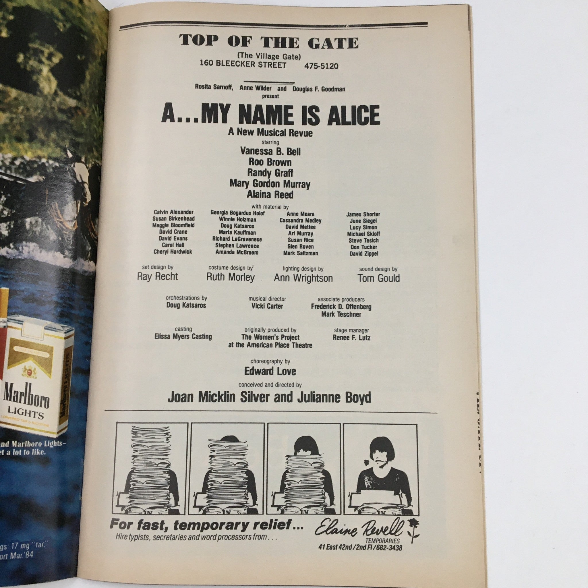 1984 Playbill Showbill The Village Gate Upstairs Present A My Name is Alice