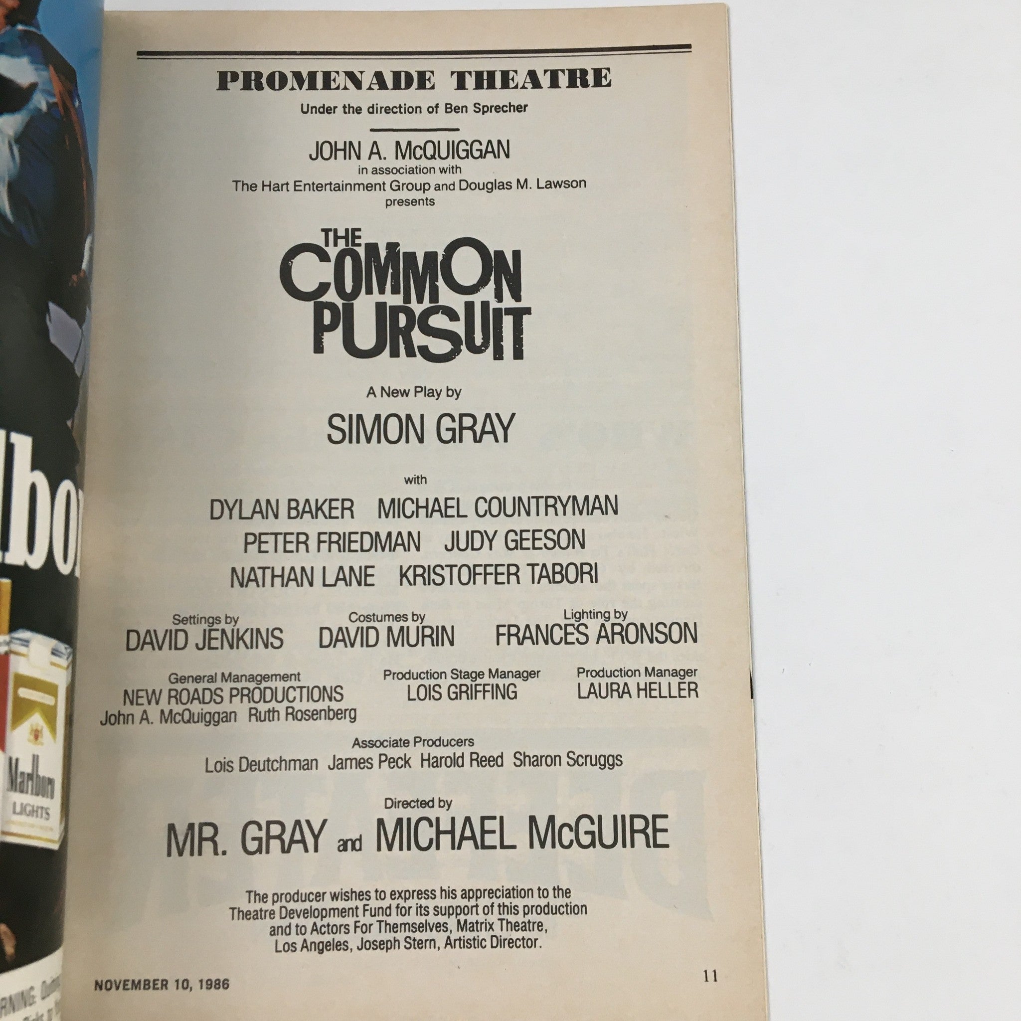 1986 Playbill Promenade Theatre Presents The Common Pursuit by Simon Gray VG