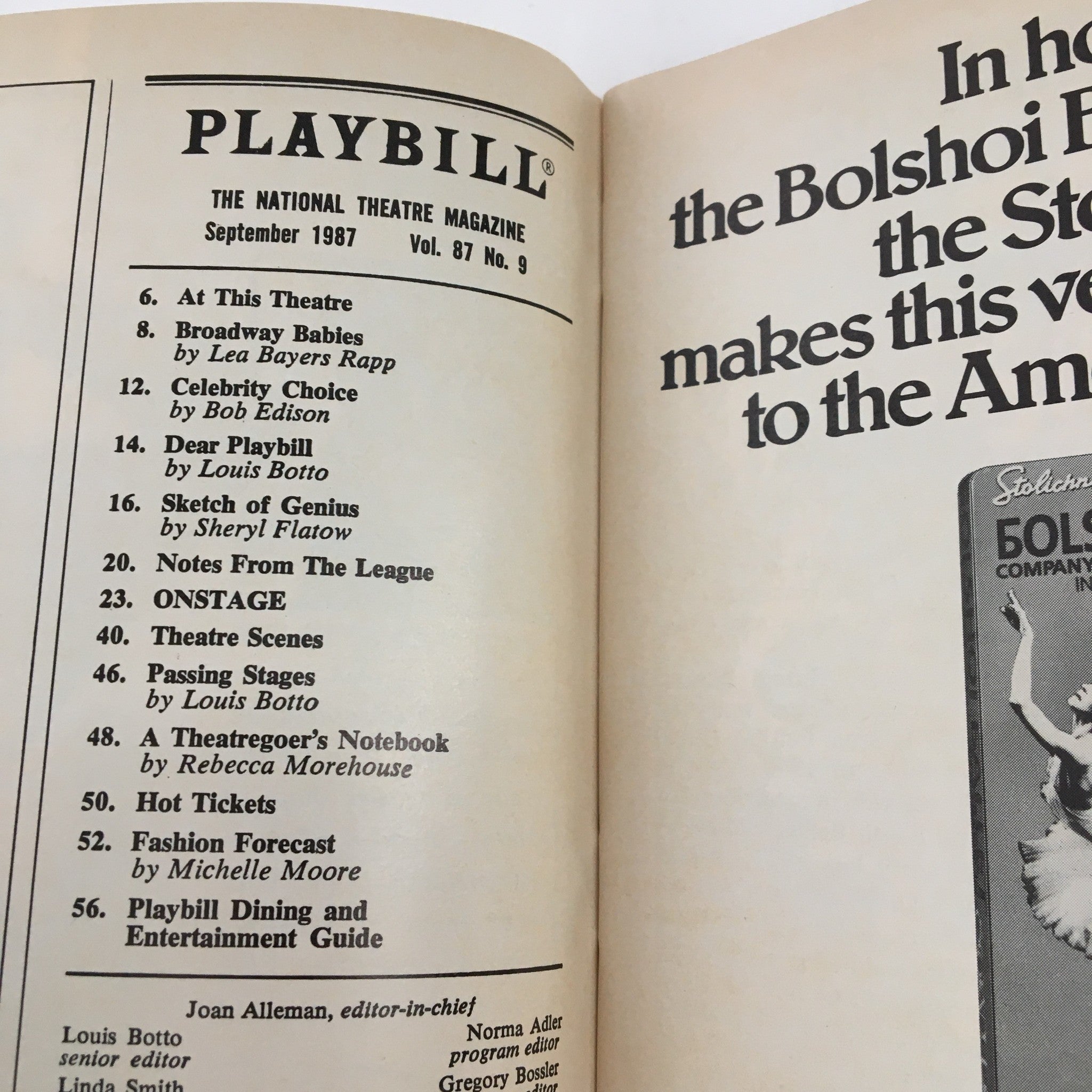Inside the 1987 Playbill Les Liaisons Dangereuses, displaying magazine-style pages including cast details and various articles from September 1987.