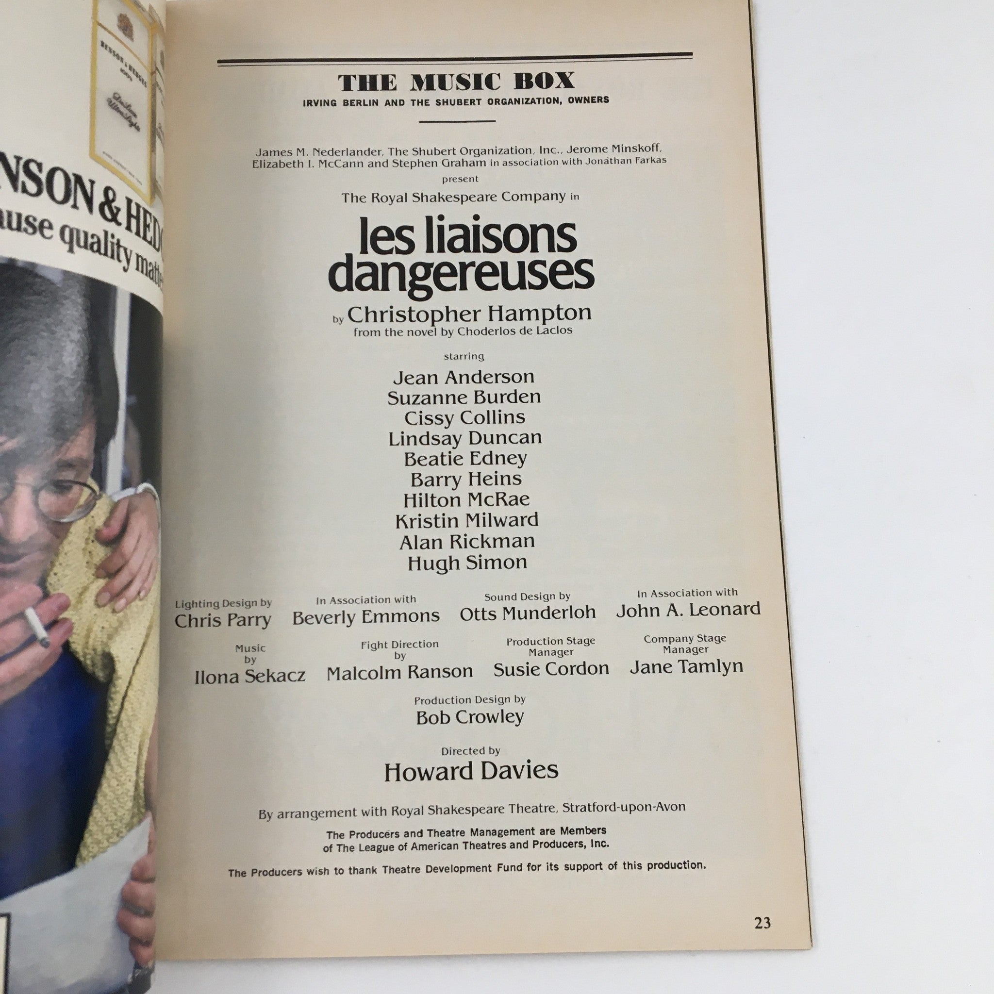 A page from the 1987 Playbill Les Liaisons Dangereuses highlighting production credits and key contributors involved in the theater presentation.